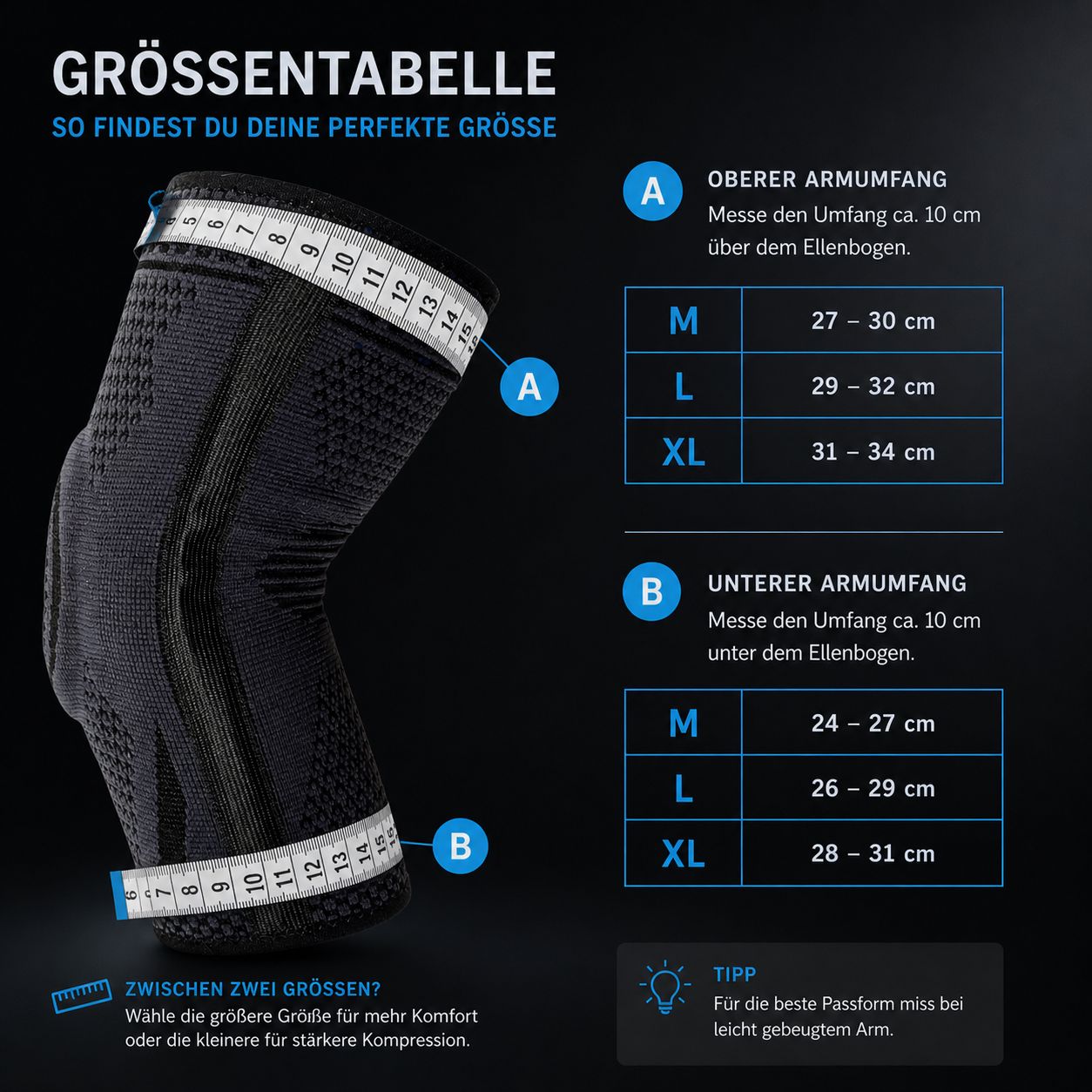 Tableau des tailles pour attelle de coude. Mesures en cm pour le tour de bras supérieur et inférieur. Tailles : M, L, XL. Guide de mesure.