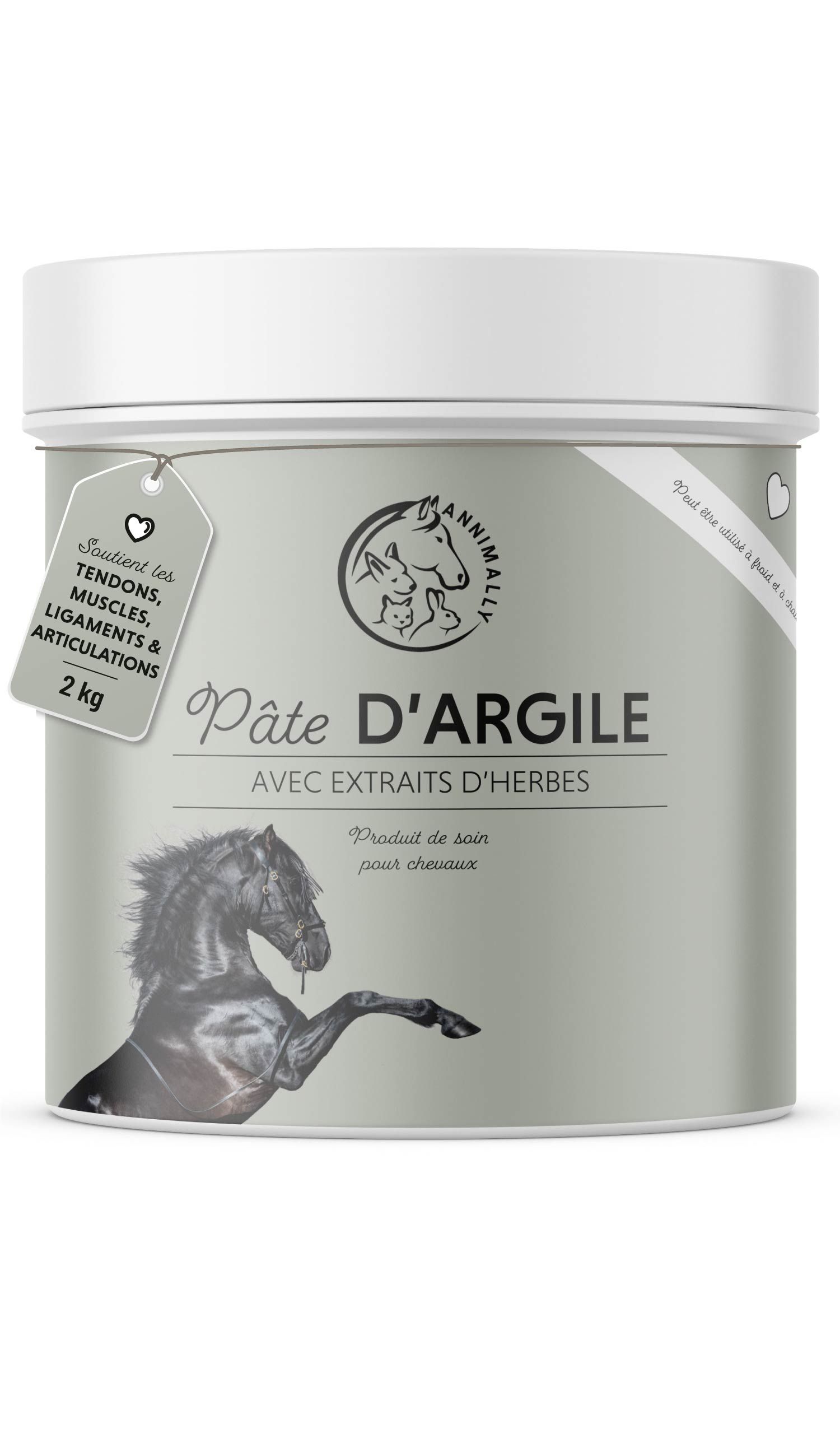 Pot Annimally Pâte d'Argile. Texte : Pâte d'Argile avec extraits de plantes. 2 kg. Image d'un cheval.