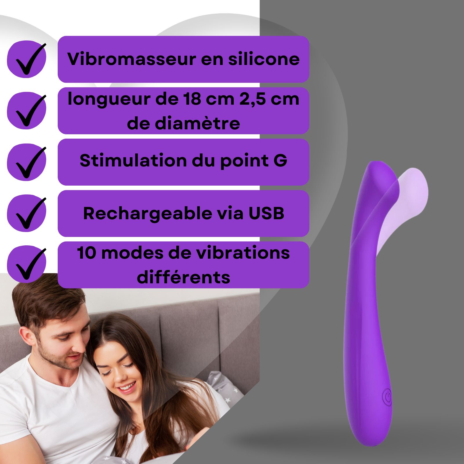 Vibrateur violet. Texte avec caractéristiques: silicone, 18cm long, 2,5cm diamètre, G-spot, USB, 10 modes.