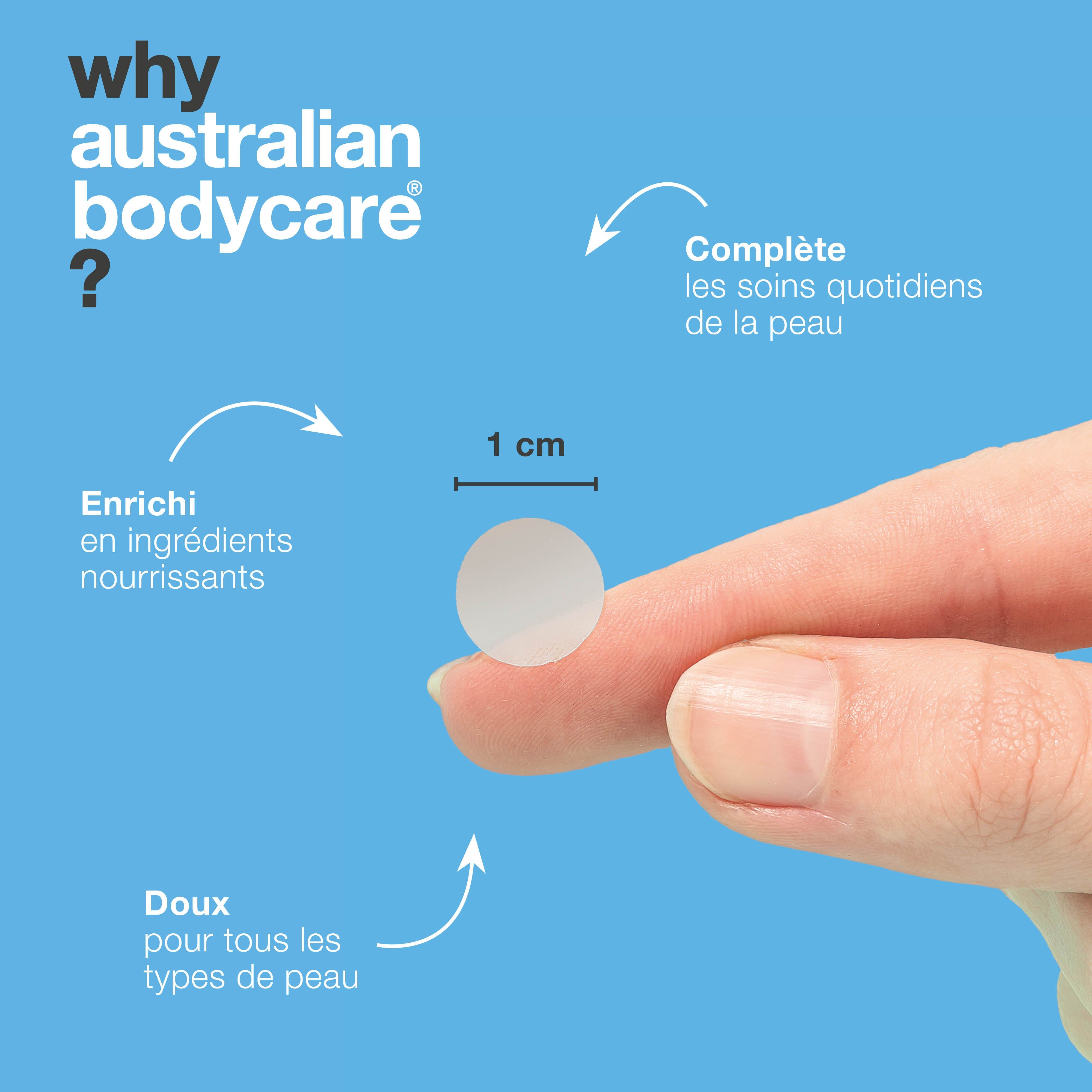 Patch sur un doigt. Texte : 1 cm. Flèches pointant vers : ingrédients nourrissants, doux pour tous les types de peau.