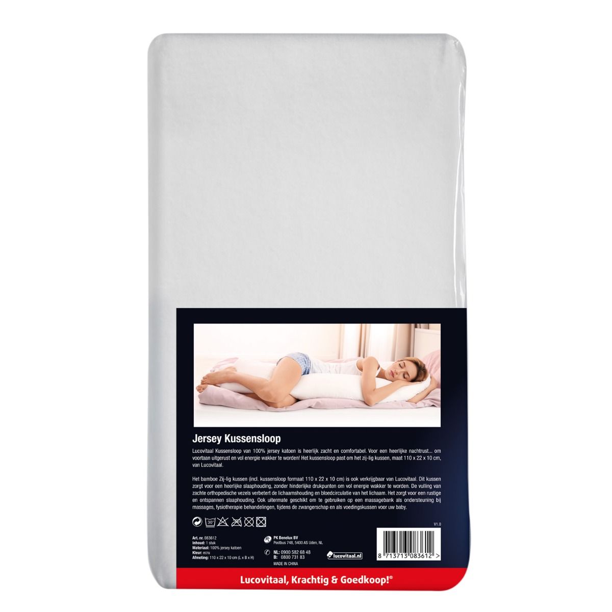 Wit kussen in folieverpakking. Bedrukking met productnaam, logo en kenmerken. Vrouw ligt op het kussen.