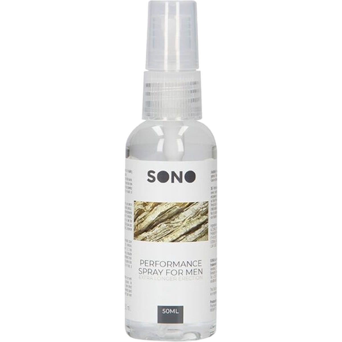 Transparante sprayfles met wit etiket. Opschrift: SONO, PERFORMANCE SPRAY FOR MEN. Onderaan: 50ml.