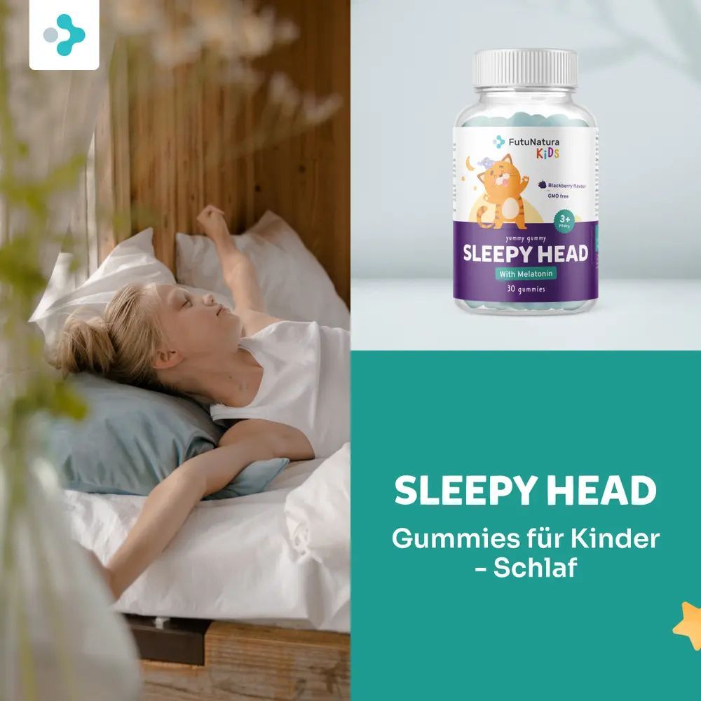 FutuNatura Sleepy Head, gommes pour enfants. Flacon de gommes bleues. Enfant dormant au lit.