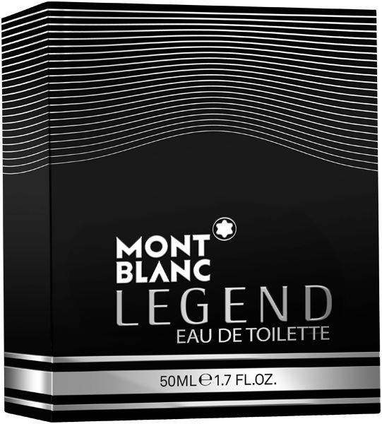 Zwarte verpakking met zilveren strepen. Opschrift: MONTBLANC, LEGEND, Eau de Toilette. 50ml, 1.7 FL.OZ.