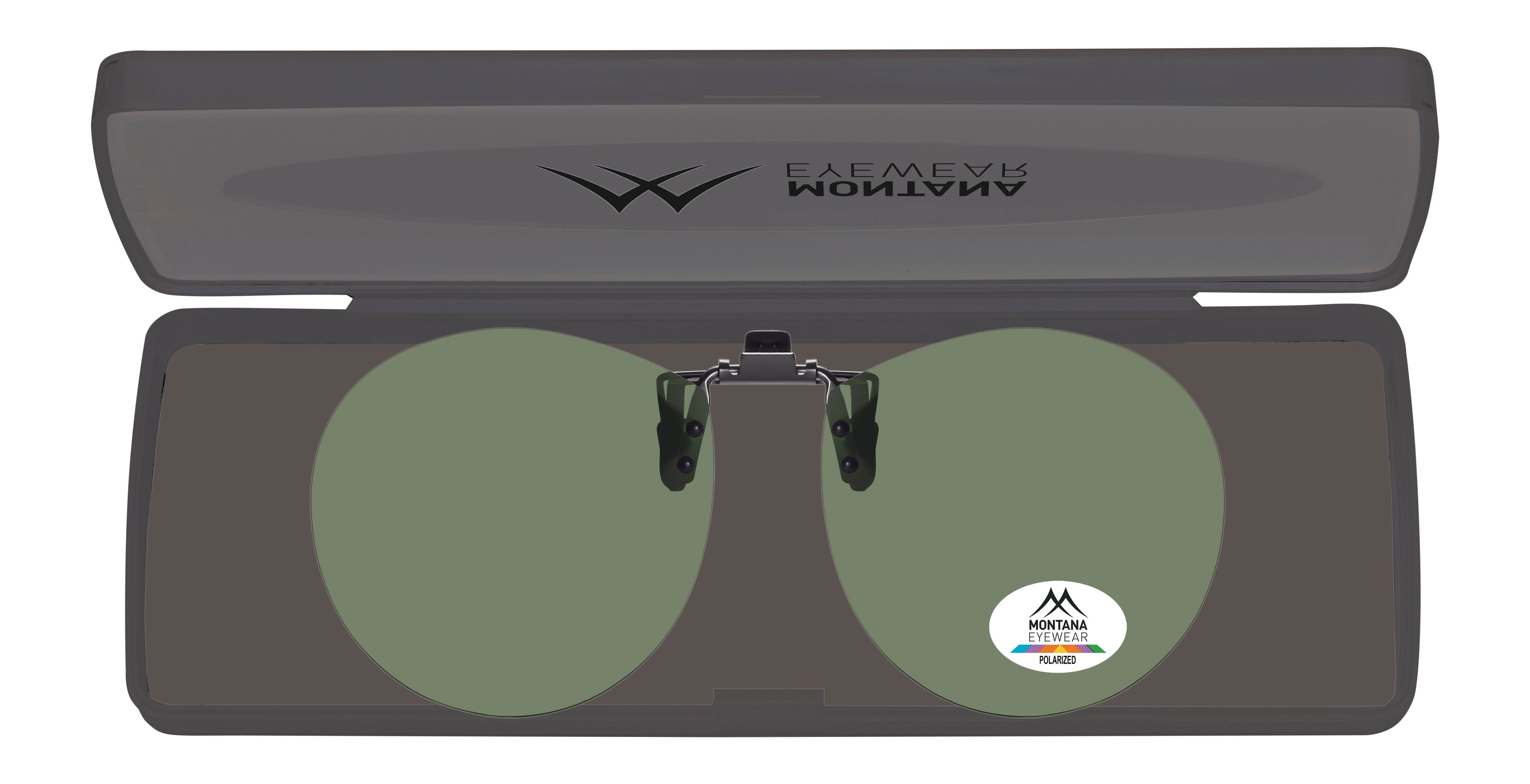 Montana Eyewear Sopot clip-on zonnebril in etui. Ronde groene glazen. Clip-on. Logo en Polarized.