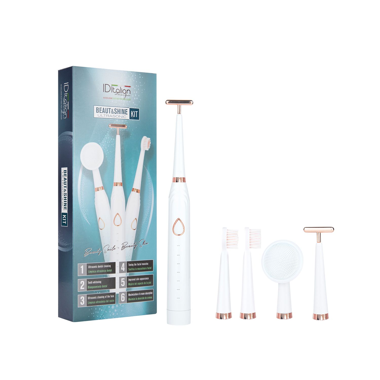 Emballage du kit avec kit de soins du visage et des dents à ultrasons 3-en-1 blanc et or rose. Contient base, têtes de brosse, rasoir et brosse nettoyante.
