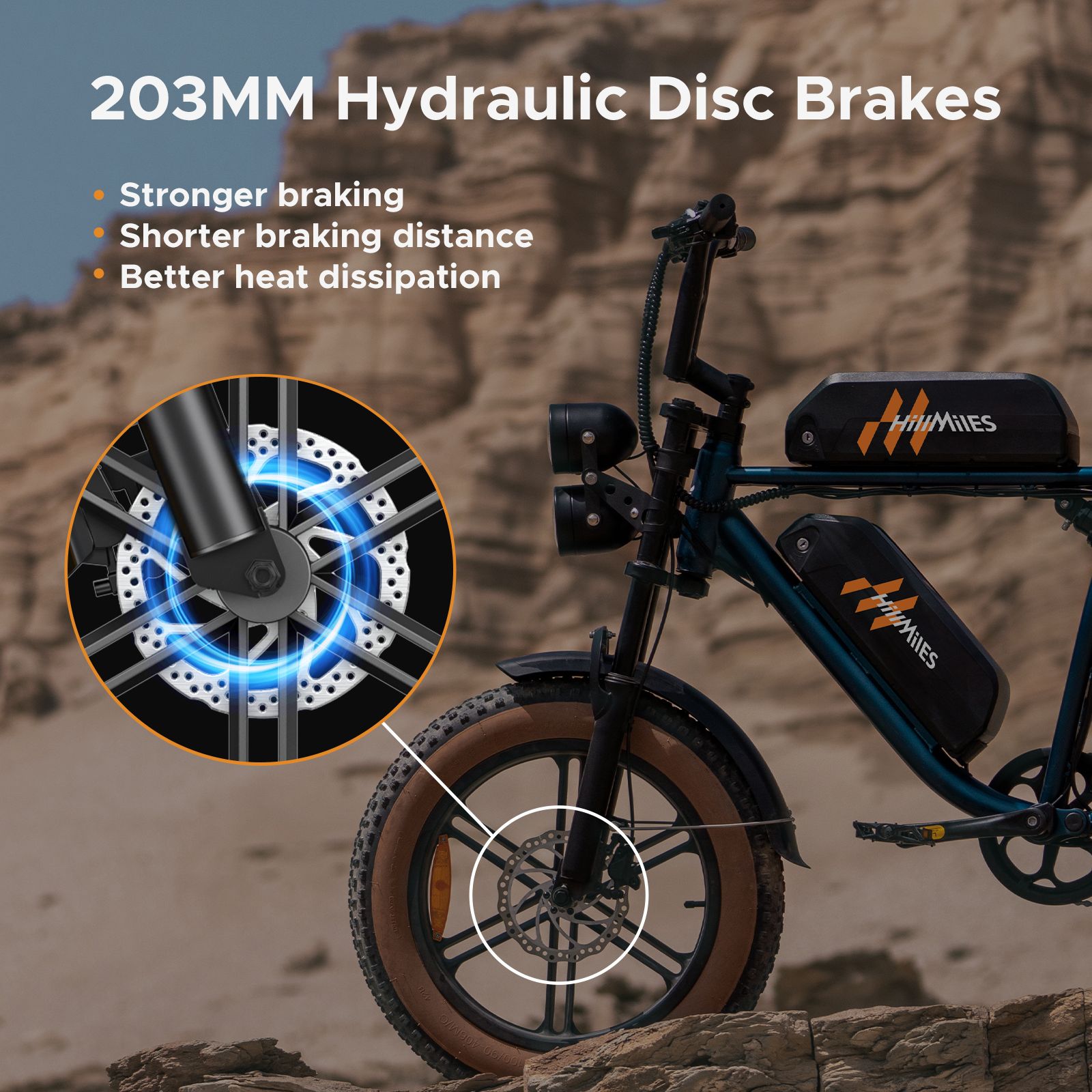 Gros plan sur les freins à disque hydrauliques. Texte: 203MM Hydraulic Disc Brakes. Avantages: freinage plus puissant, distance plus courte.