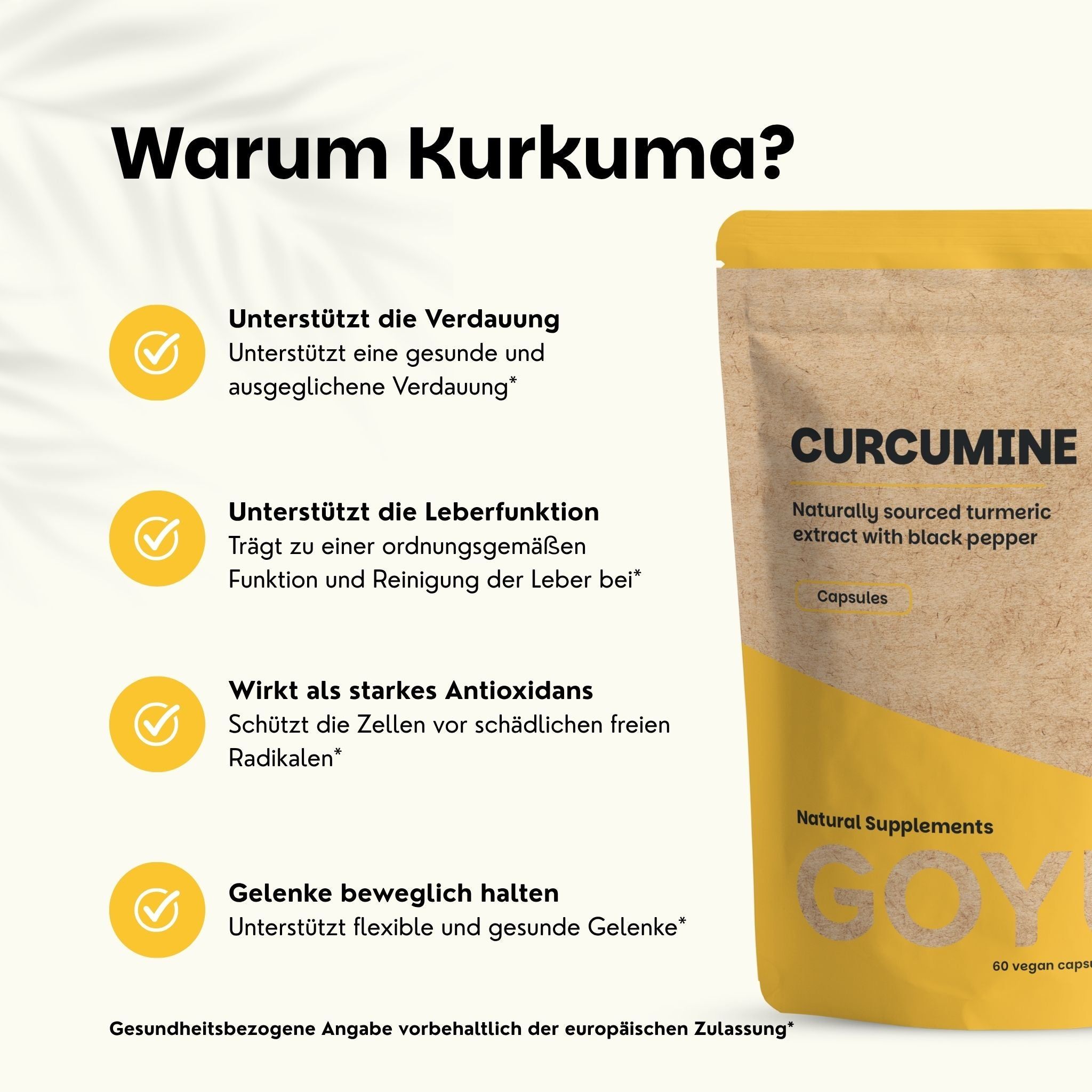 Verpakking met curcumine-capsules, van nature gewonnen kurkuma-extract met zwarte peper.