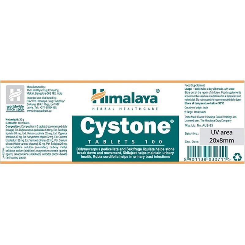 Himalaya Cystone tabletten. Witte verpakking met tekst. Tekst: Cystone, Himalaya Herbal Healthcare. 100 tabletten. UV-gebied 20x8mm.