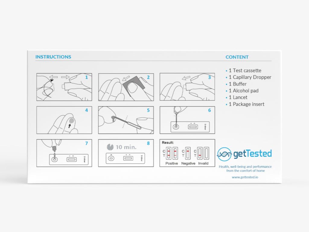 Boîte d'instructions pour le test GetTested D-dimères. Illustrations des étapes du test. Contient cassette, compte-gouttes, tampon, tampon alcoolisé, lancette et notice.