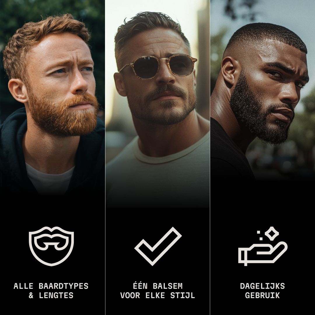 Drie mannen met verschillende baarden. Iconen voor alle baardtypes, één balsem, dagelijks gebruik.