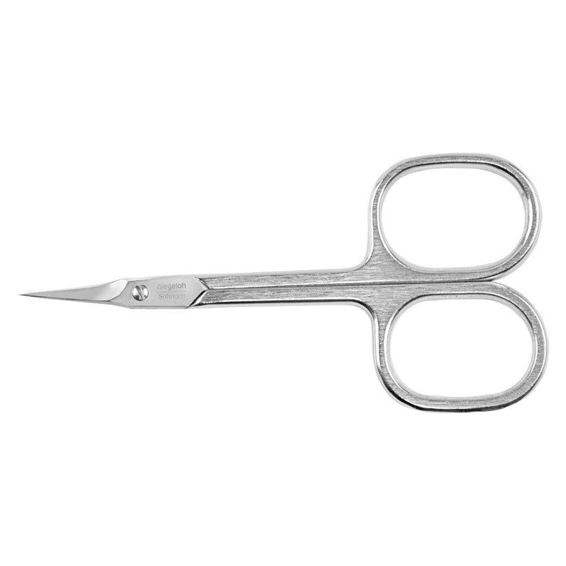 Vernikkelde nagelriemschaar met gebogen punt. Zilverkleurig metaal. Ovale handgreepgaten. Merk zichtbaar.