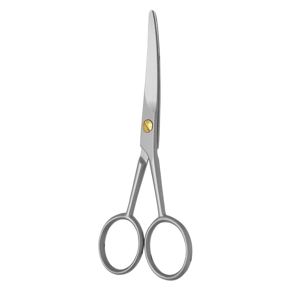 Zilverkleurige schaar met afgeronde bladen en gouden scharnier. Twee ronde vingergaten. Metalen uitstraling.