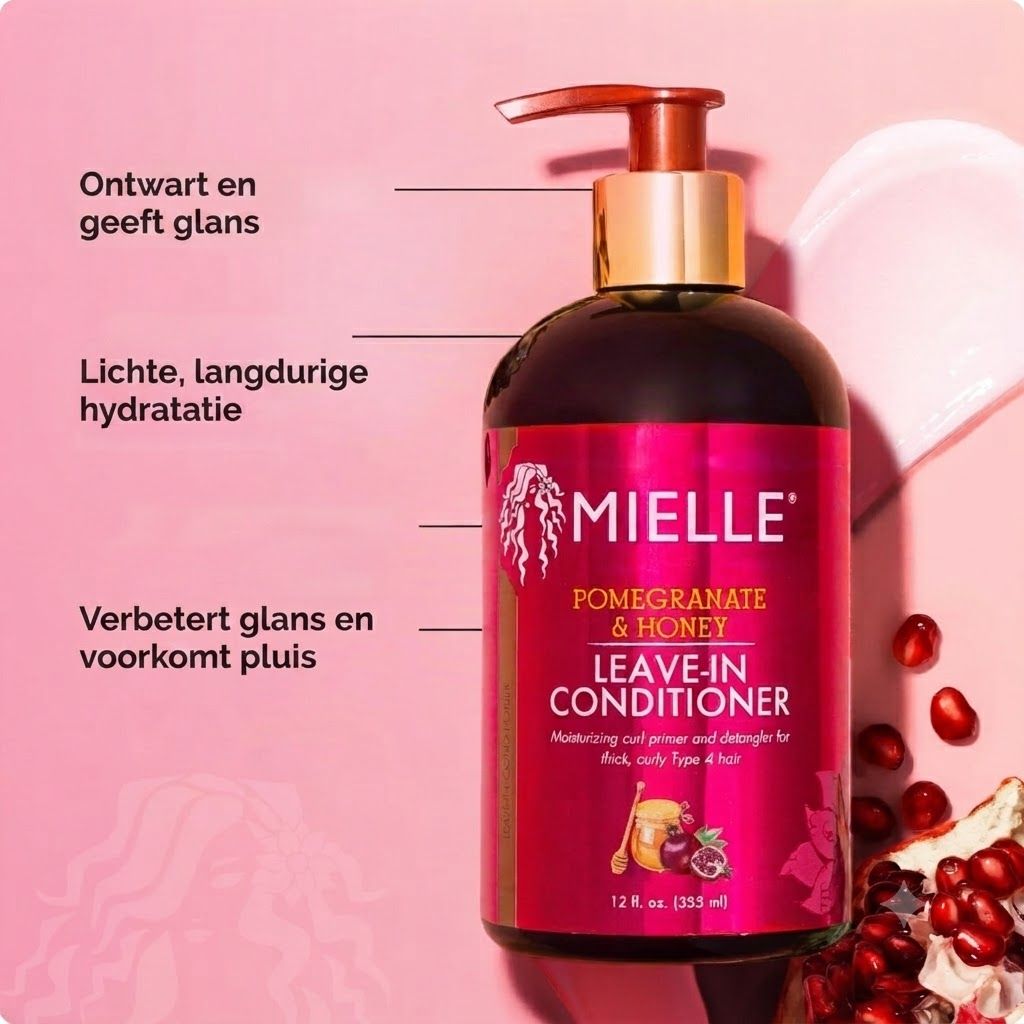 Mielle Pomegranate & Honey Leave-In Conditioner fles met pompdispenser, 355 ml.
