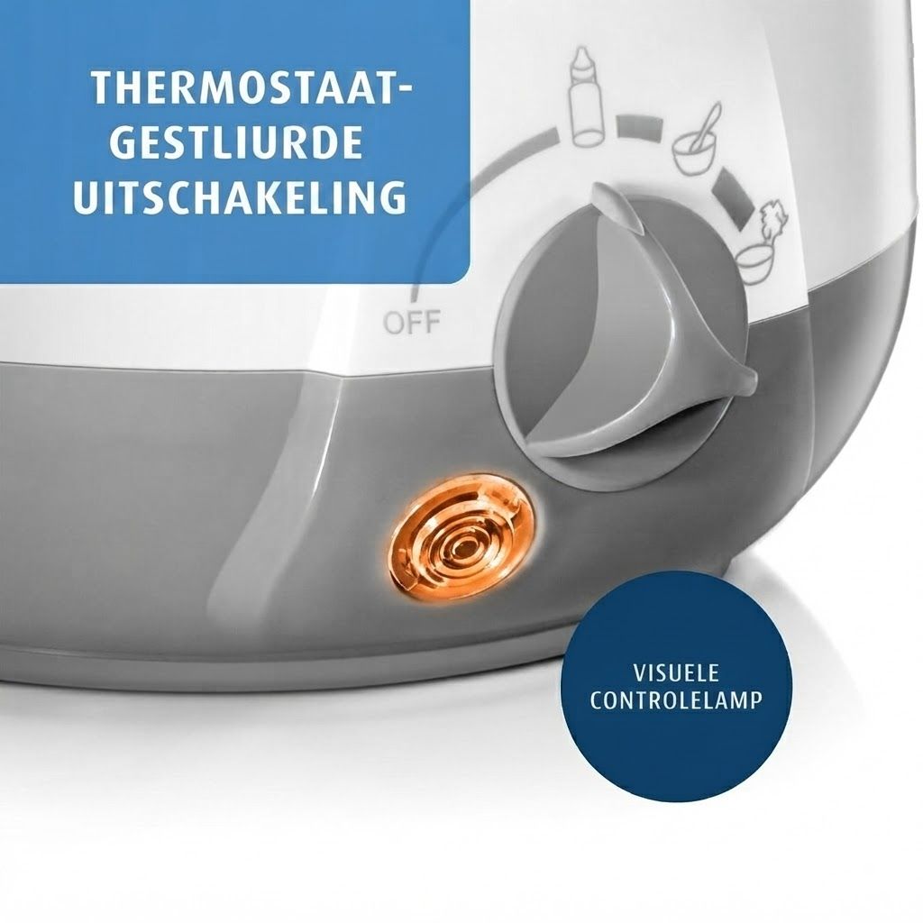 Flessenwarmer met thermostaat en visuele controlelamp. Draaiknop met symbolen voor fles, pap en maaltijd.