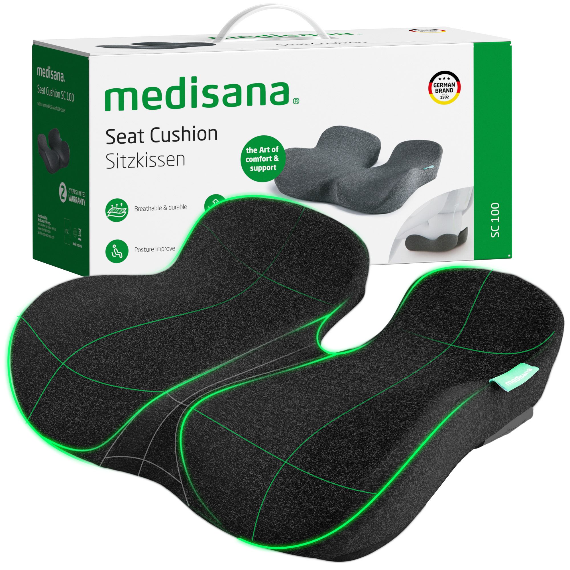 Coussin d'assise Medisana MC 100 et emballage. Design ergonomique, respirant.