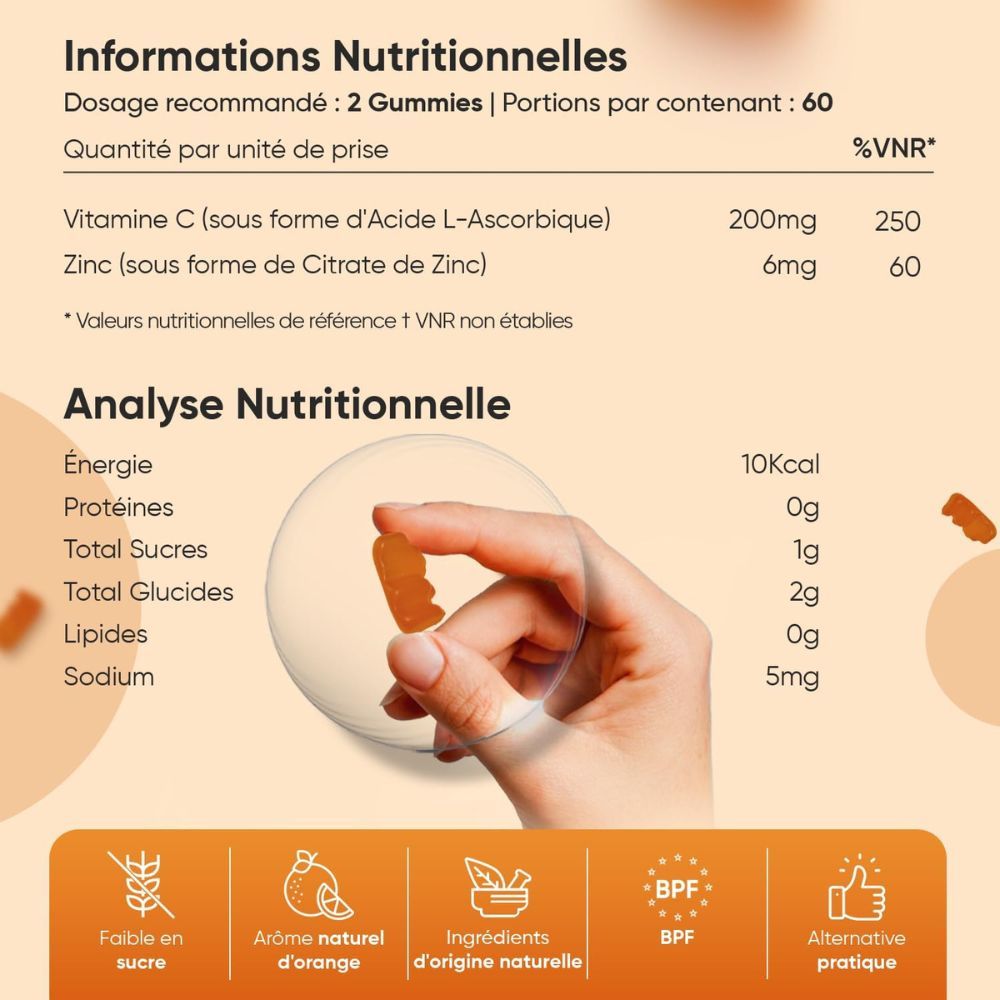 Gros plan de l'analyse nutritionnelle de WeightWorld Vitamine C & Zinc Gummibärchen. Texte et informations.