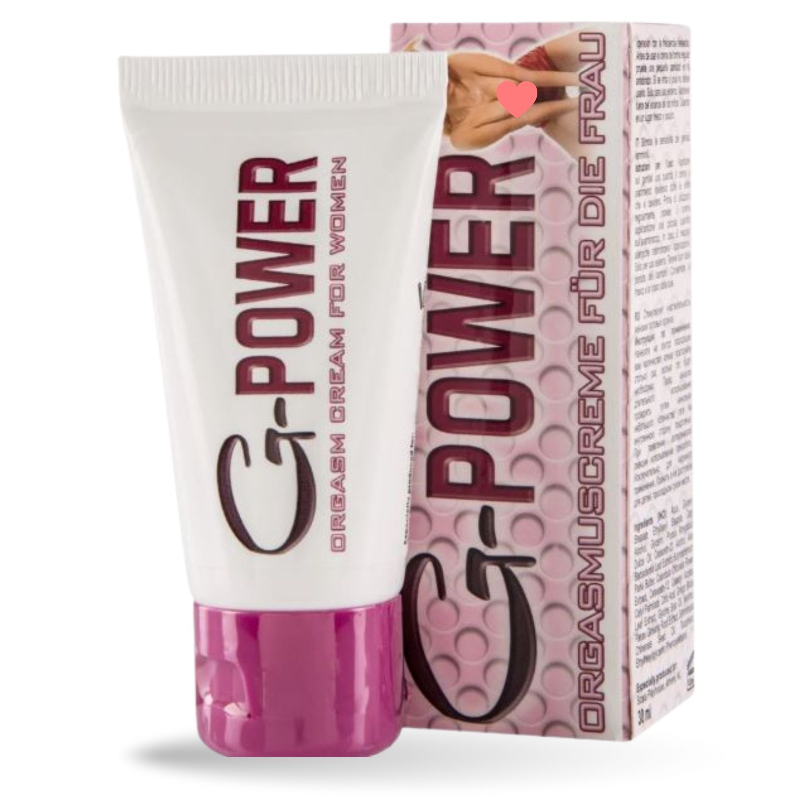 Crèmetube met G-POWER. Verpakking met tekst: Orgasme crème voor vrouwen. Roze en witte kleuren.