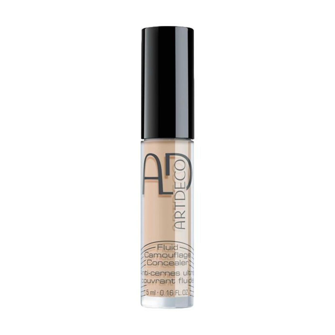 Artdeco Concealer Fluid Camouflage. Fles met zwarte dop. Opschrift: Fluid Camouflage Concealer, 5ml.