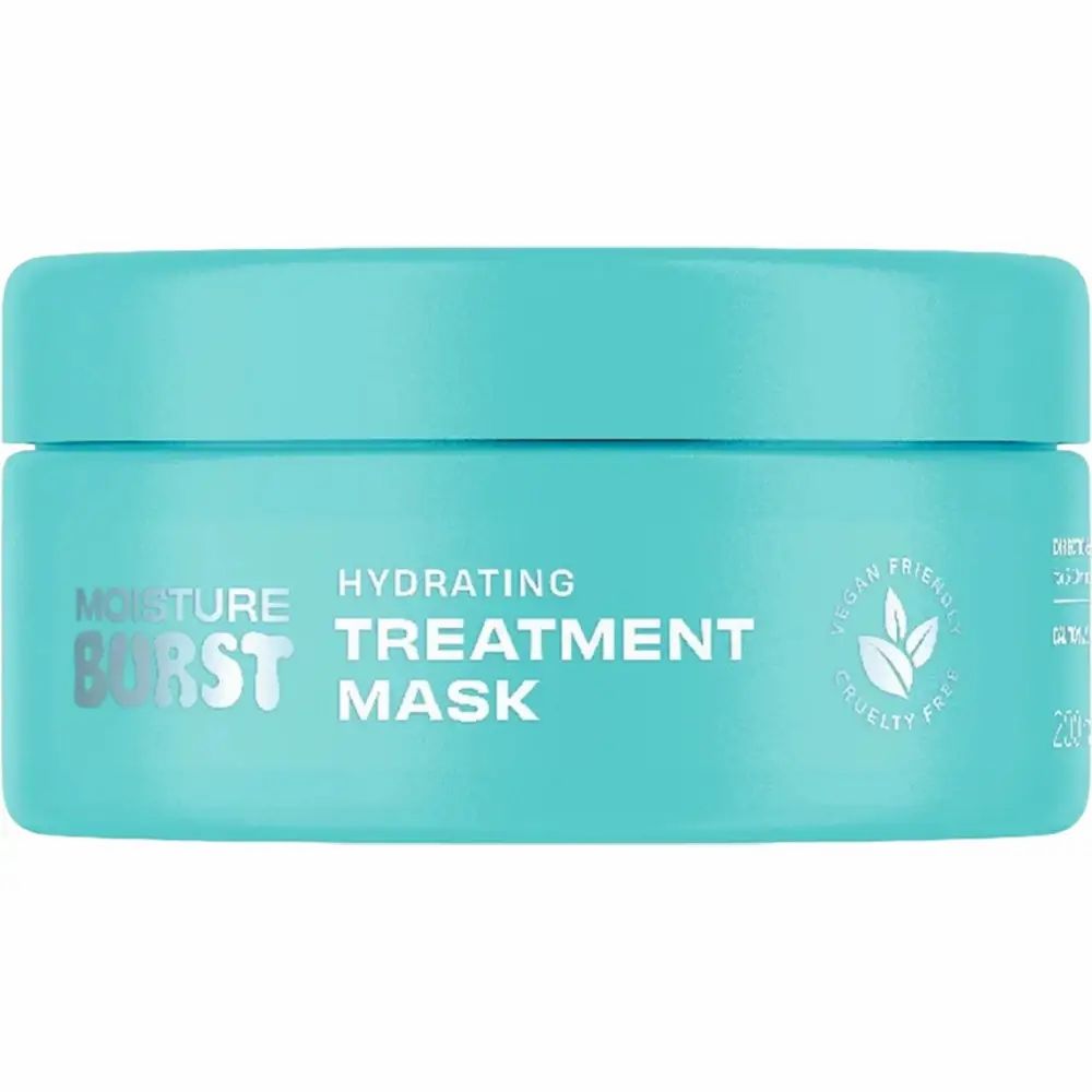 Turquoise pot met opschrift "Moisture Burst" en "Hydrating Treatment Mask". Veganistisch en dierproefvrij logo.