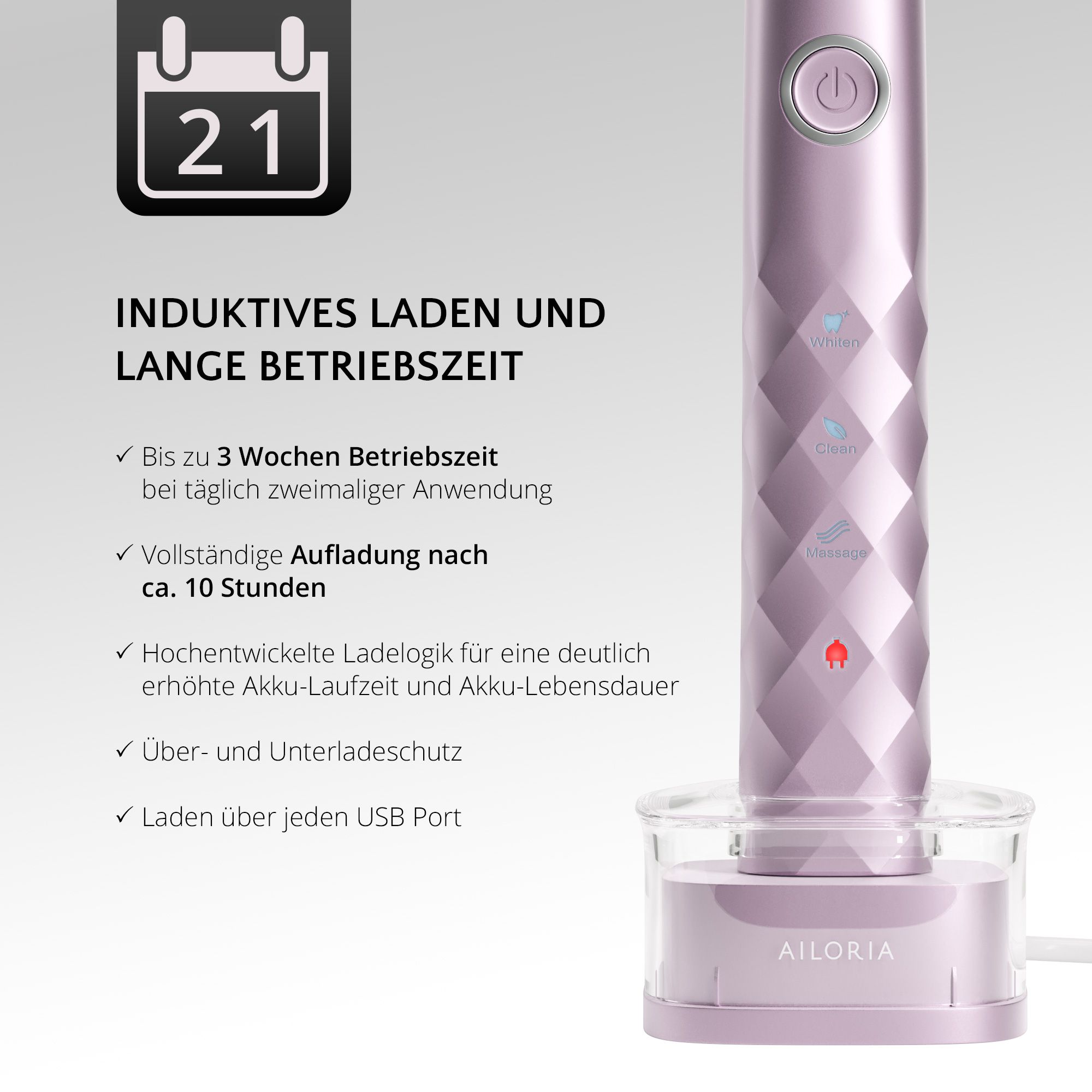 Tandenborstel op laadstation. Inductief opladen, lange batterijduur. Tekst: 3 weken.