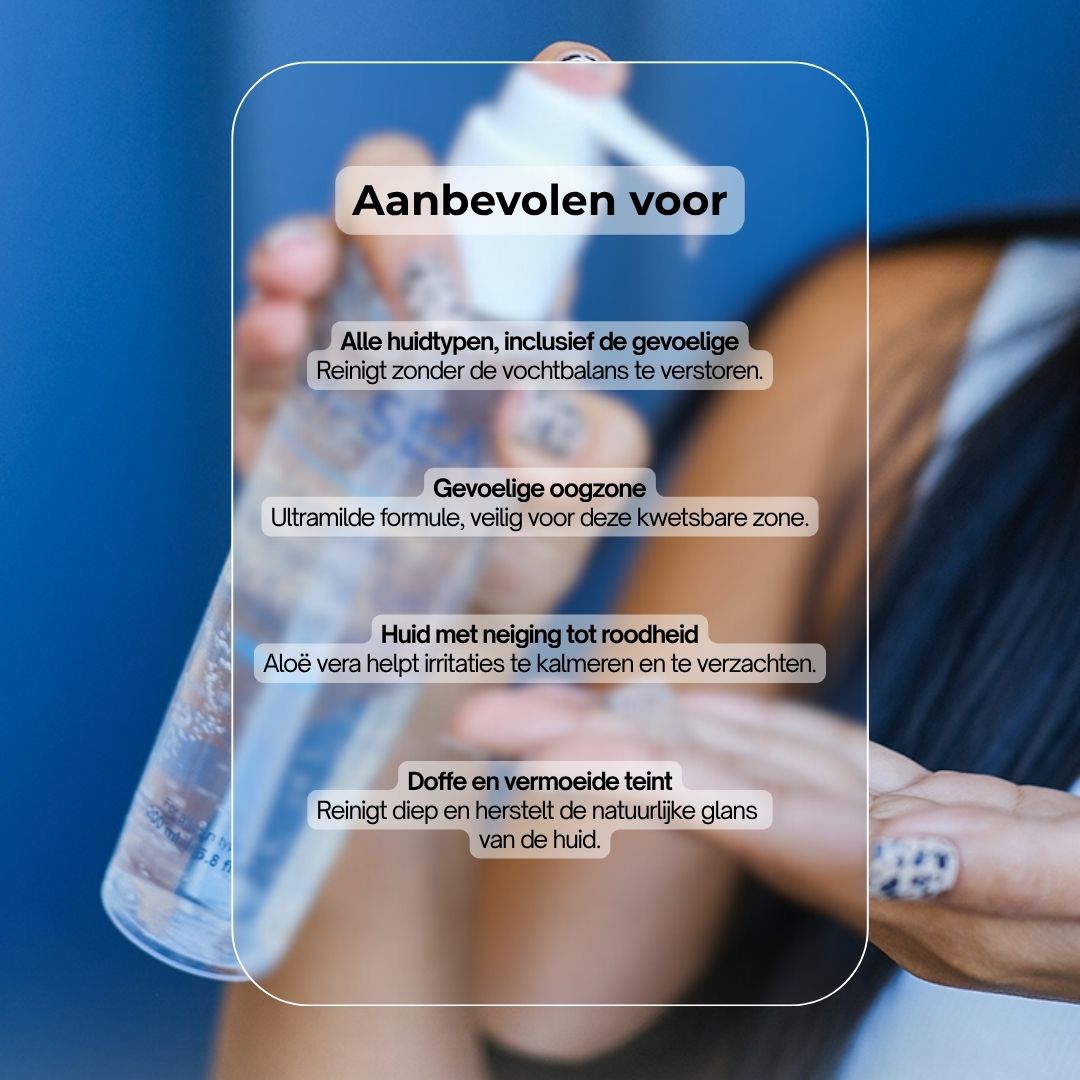 Productfles met tekst. Tekst: Aanbevolen voor. Dr. Sea, Mineral Cleansing Gel, Face & eye area, Vitamine E.