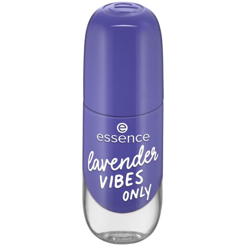 Flacon de vernis à ongles avec bouchon violet. Sur le flacon, "Essence lavender VIBES ONLY".