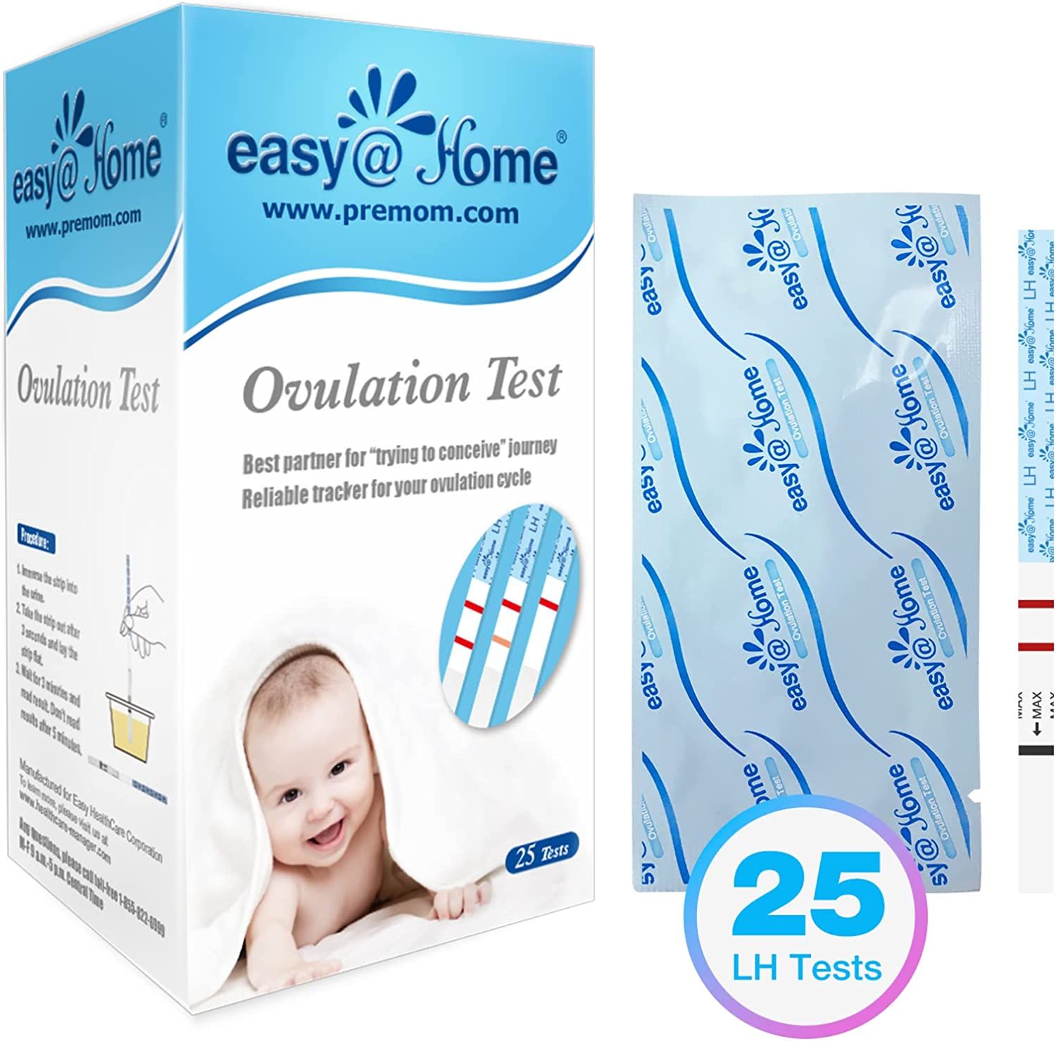 Boîte et emballage de tests d'ovulation. Texte: easy@Home, Ovulation Test, 25 LH Tests. Photo de bébé, bandelettes de test.