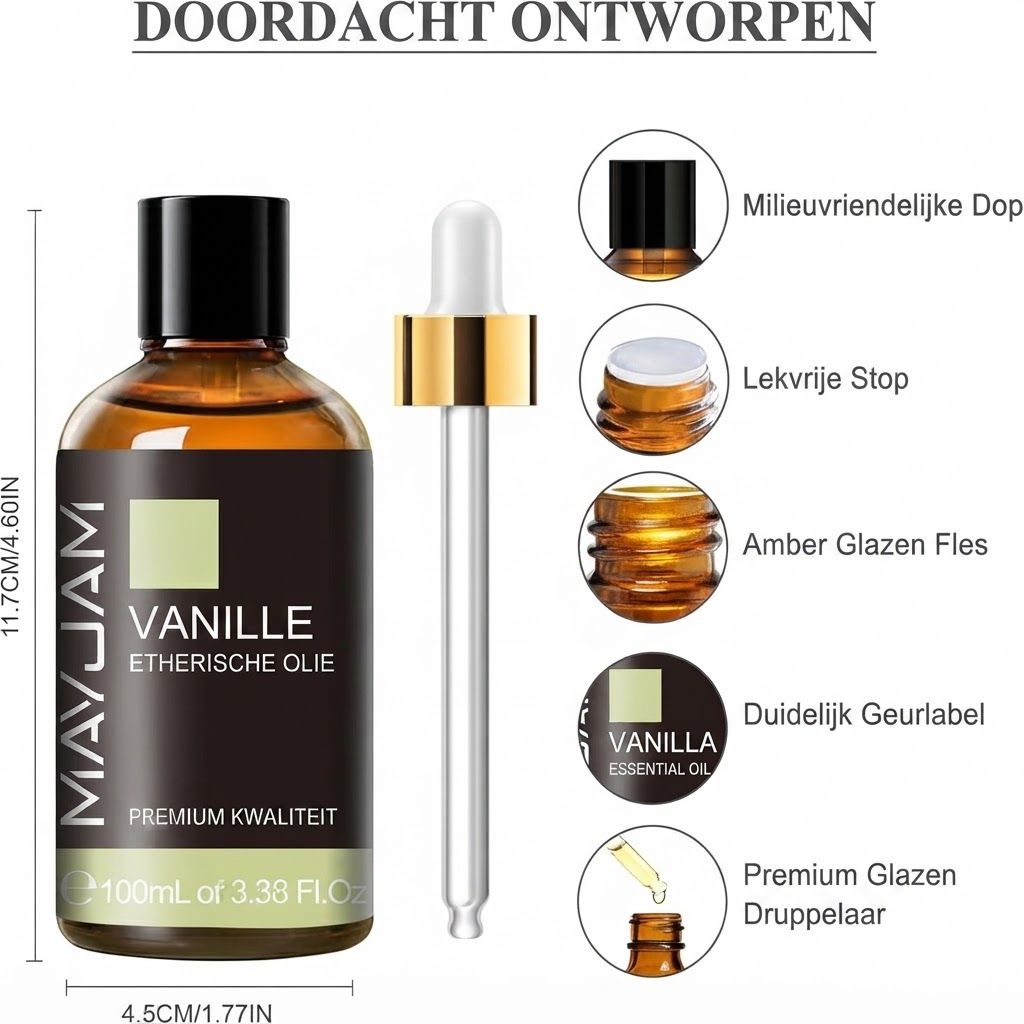 MAYJAM vanilleolie fles met druppelaar. Details: milieuvriendelijke dop, lekvrij, amberkleurig glas.
