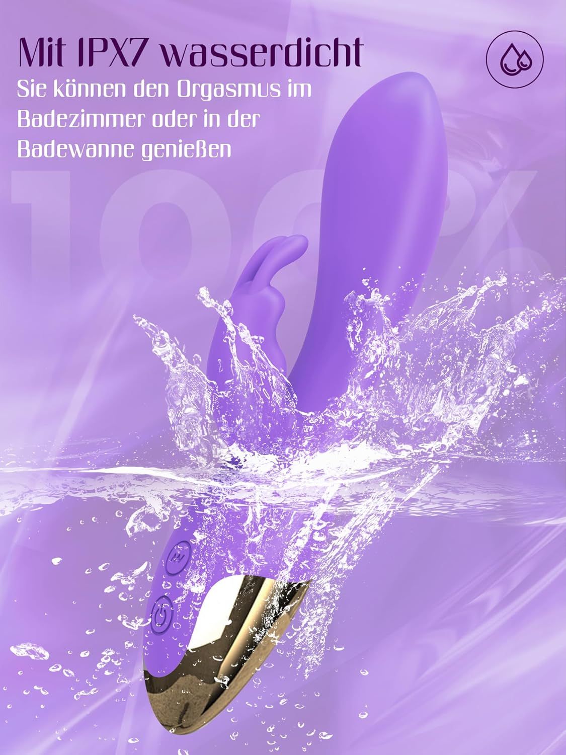 Paarse vibrator met IPX7 waterdichtheid, deels onder water met spatten.