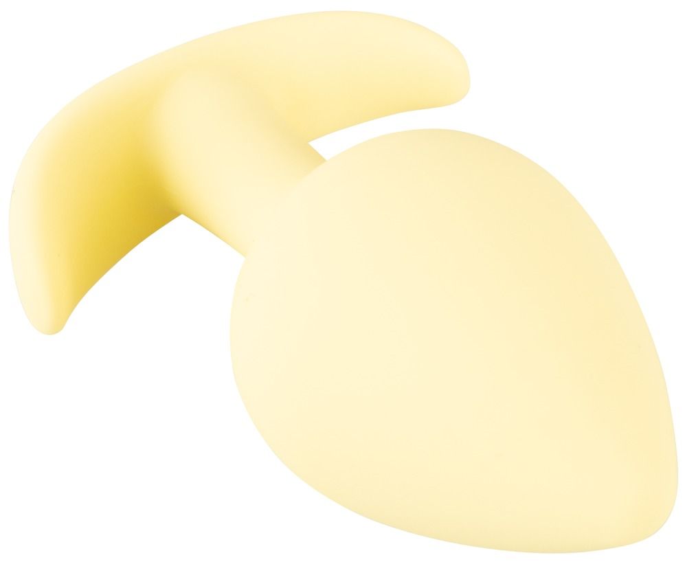 Lichtgele mini anale plug van siliconen, bovenaanzicht.