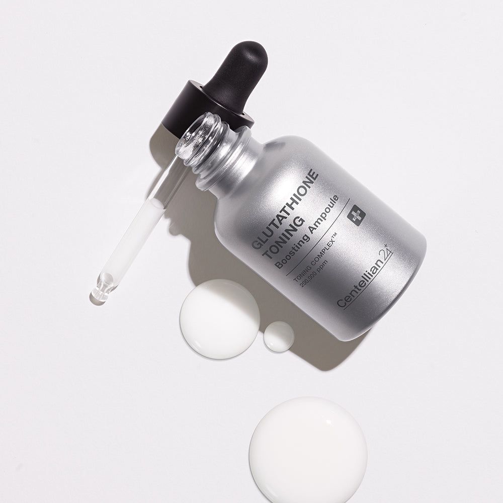 Flacon argenté avec pipette. Produit: Glutathione Toning Boosting Ampoule. Inscription: Centellian 24.