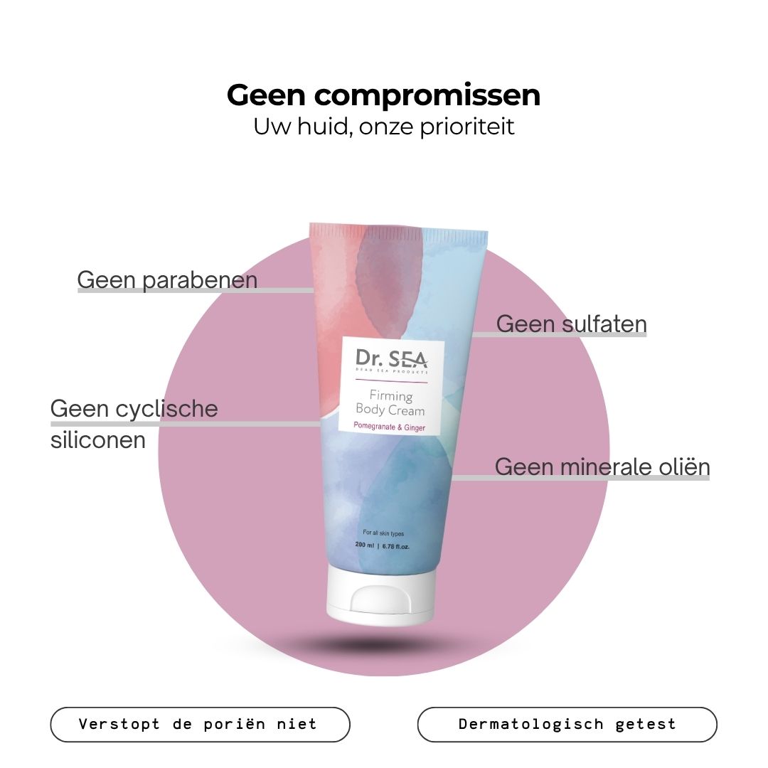 Bodycrèmetube met tekst. Tekst: Dr. SEA, Firming Body Cream, Granaatappel & Gember. Zonder parabenen, sulfaten, siliconen, minerale oliën.