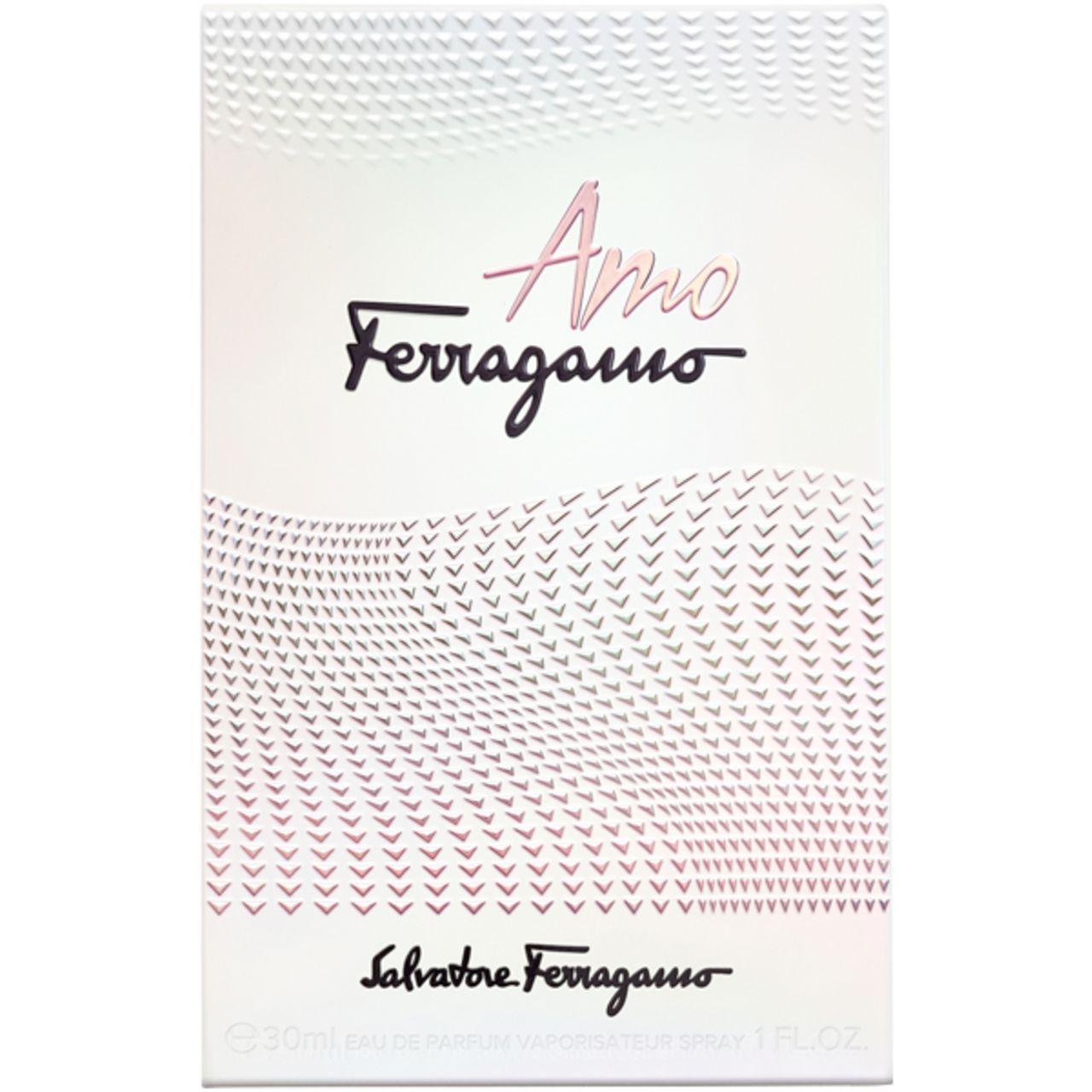Emballage Salvatore Ferragamo Amo Eau de Parfum avec motif ondulé et nom de marque.