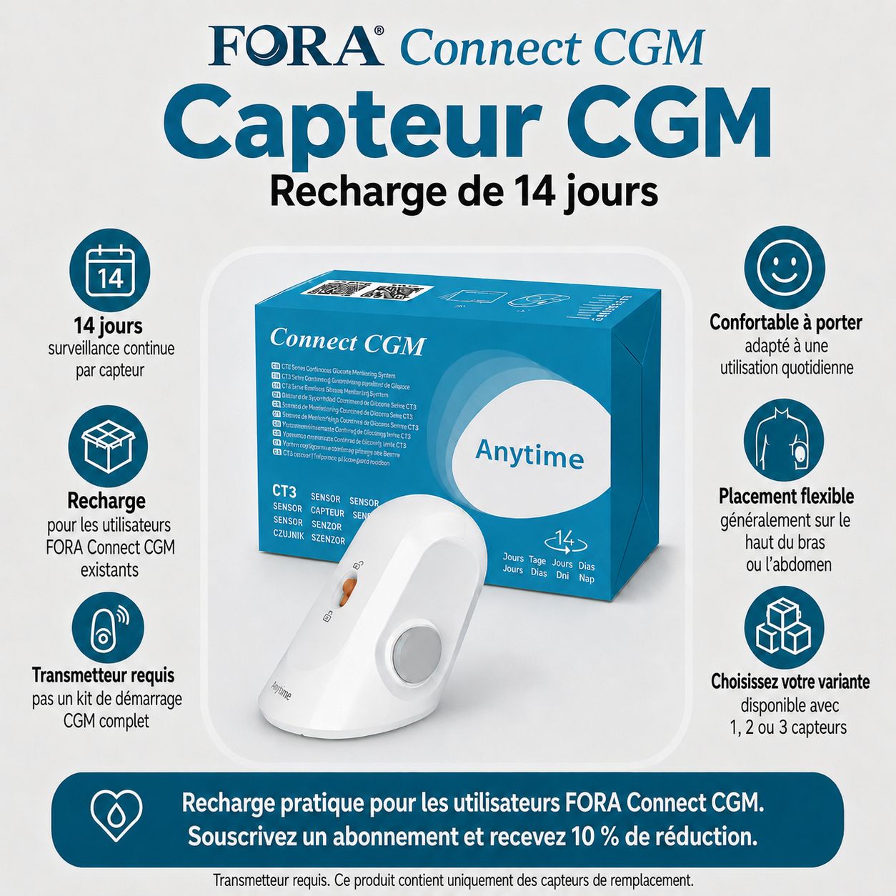 Capteur FORA Connect CGM, recharge 14 jours. Informations détaillées et avantages en français.