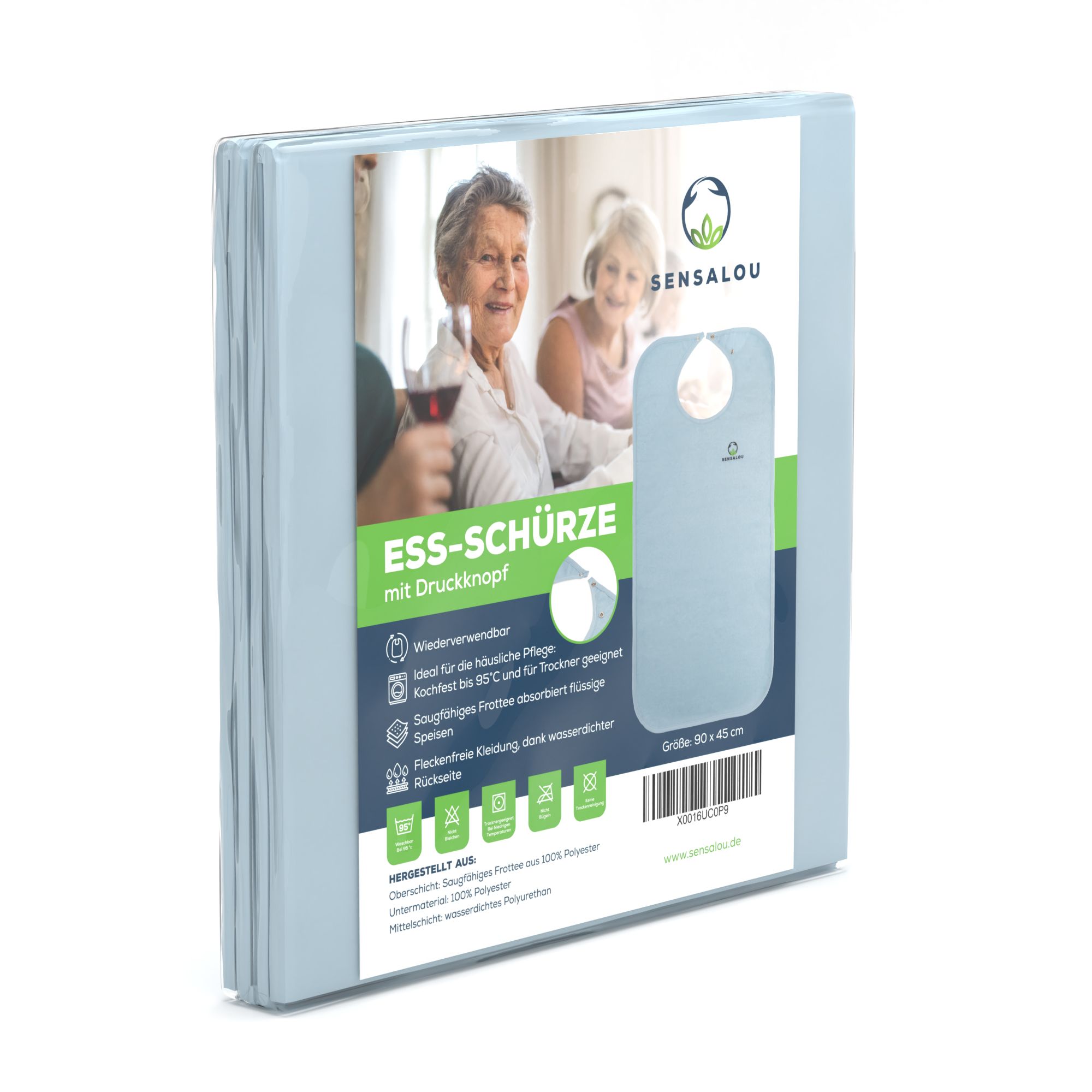 Emballage d'une bavette bleu clair. Impression avec image du produit et texte. Nom du produit "ESS-SCHÜRZE".