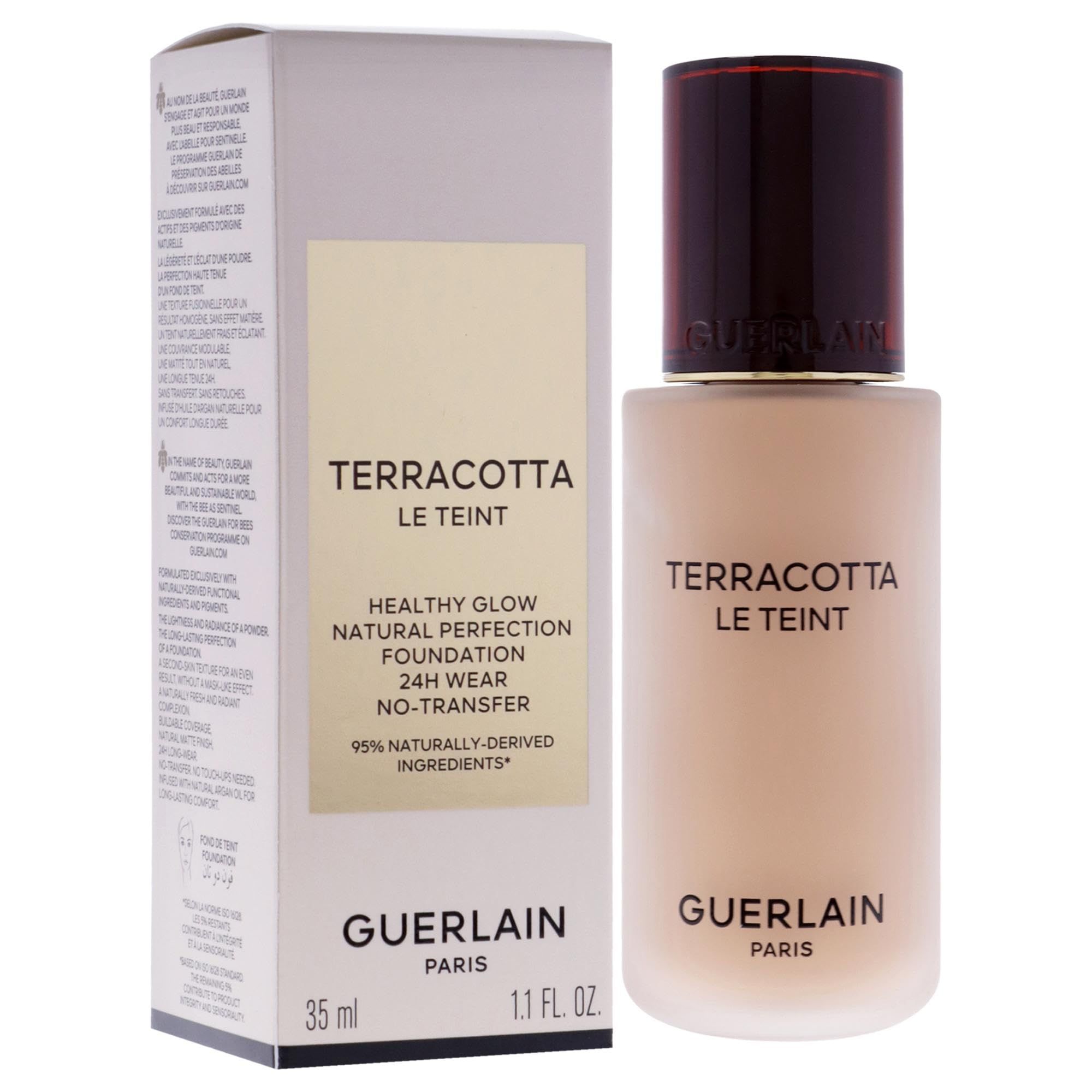 Guerlain Terracotta Le Teint Foundation. Fles en verpakking. Tekst: Healthy Glow, Natural Perfection, 24H Wear, No-Transfer. 35 ml, 1.1 FL. OZ.