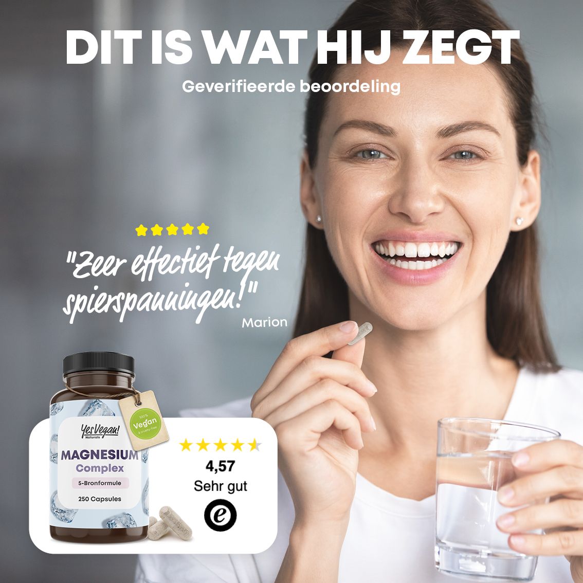 Fles Magnesium Complex, 5-bronnenformule, 250 capsules. Snel en eenvoudig: 2 capsules/dag, vegan.