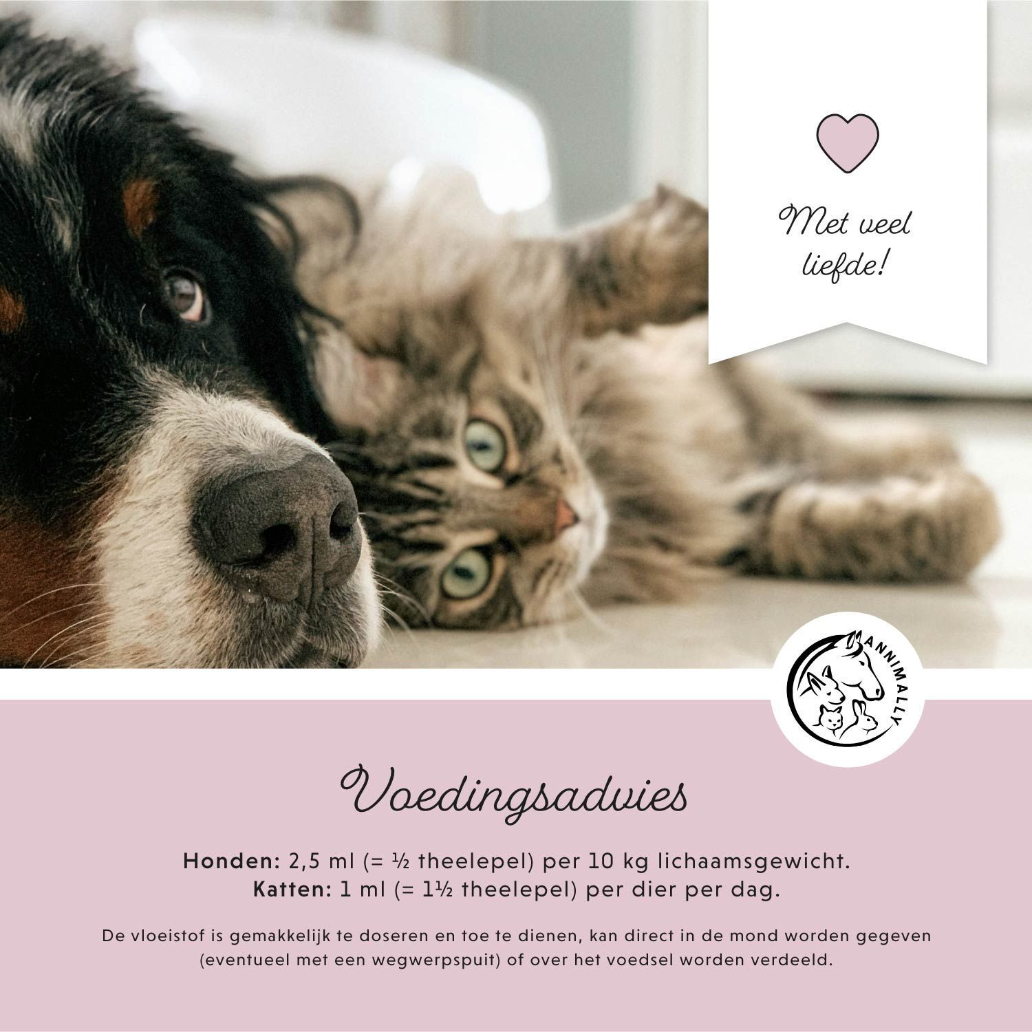 Roze achtergrond met tekst. Afgebeeld: hond, kat. Tekst: Voedingsadvies. Tekst: Met veel liefde!