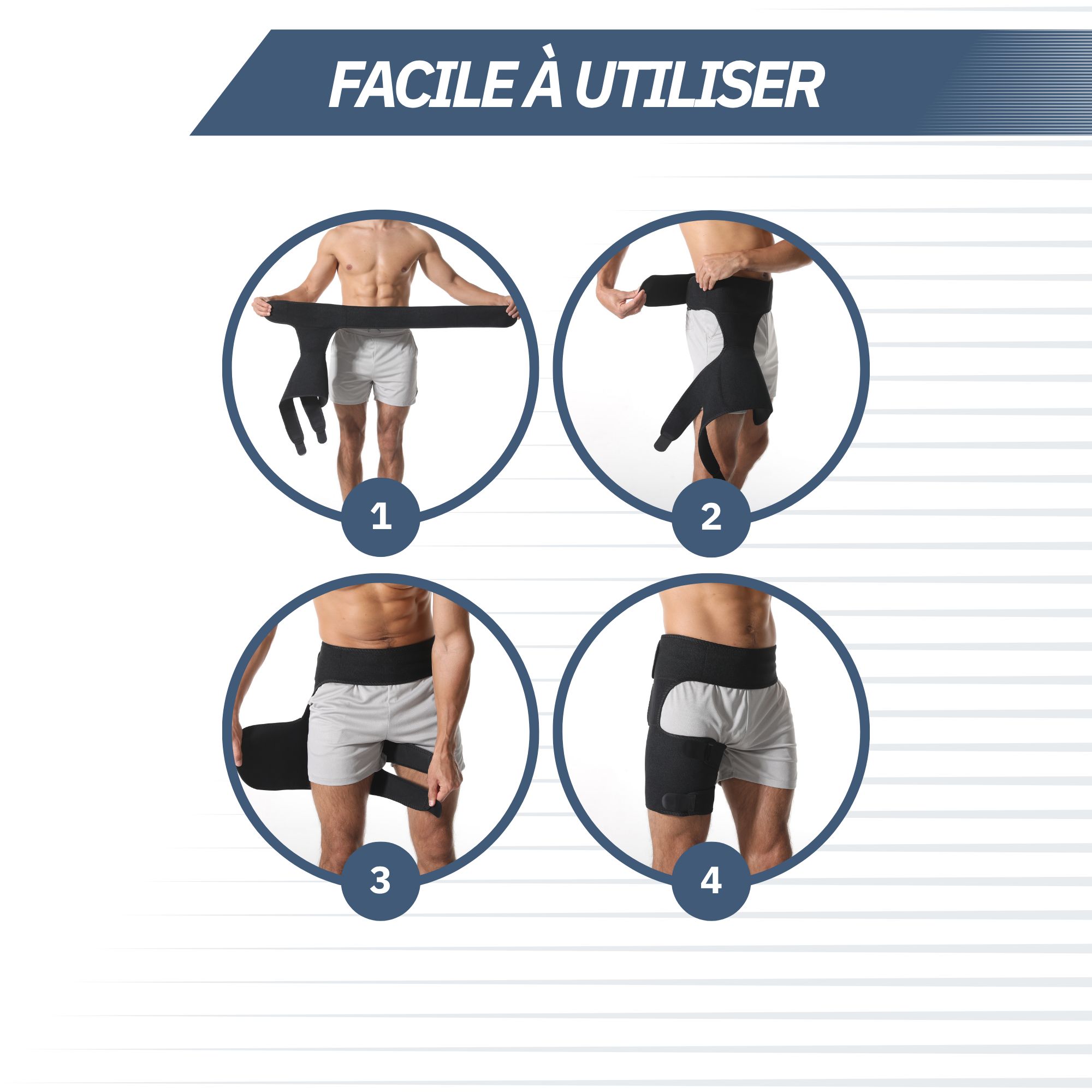 Genouillère noire avec fermeture velcro, portée autour de la cuisse et de la hanche.