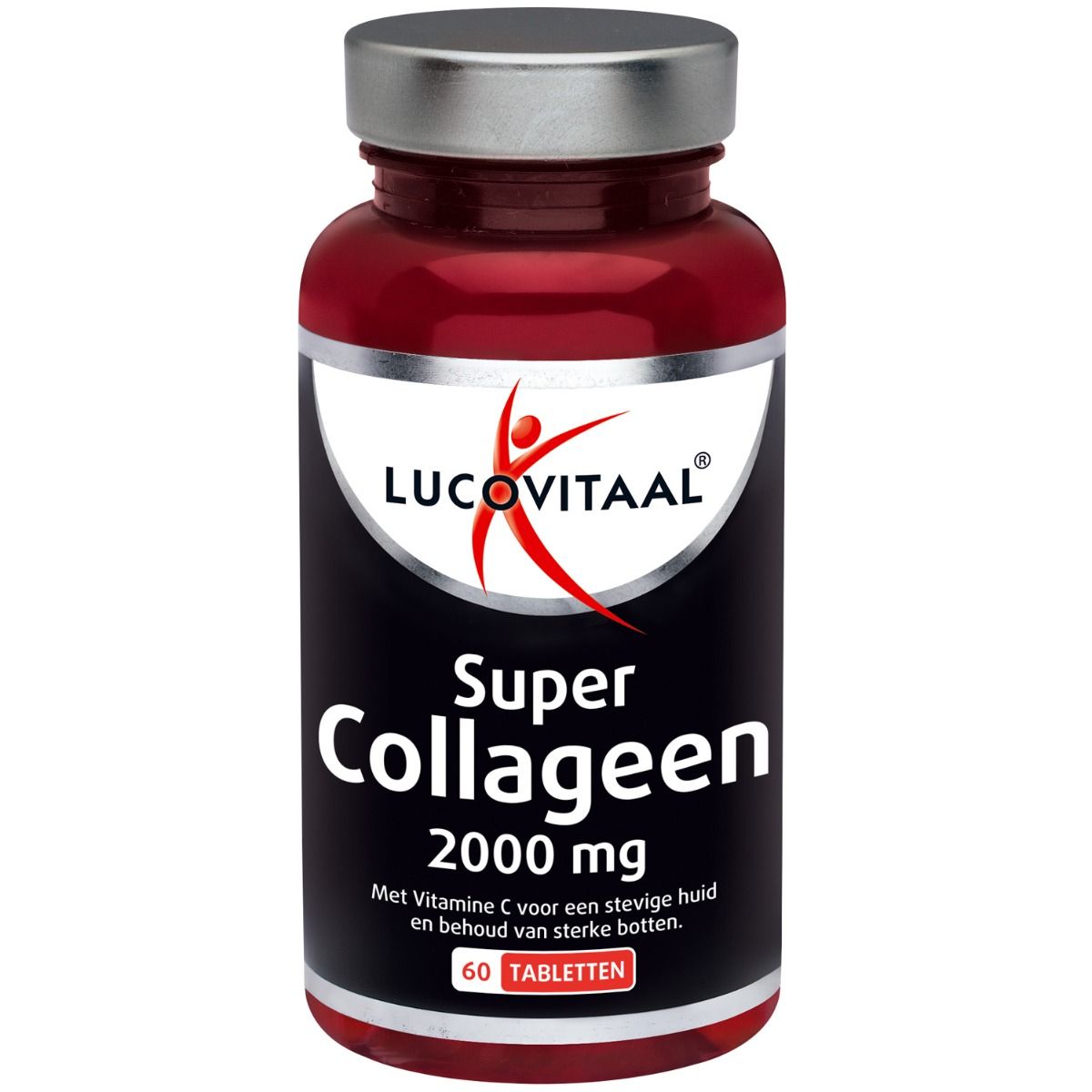 Rode fles met zilveren dop. Opschrift "Super Collageen 2000 mg". Merk: Lucovitaal. Bevat 60 tabletten.