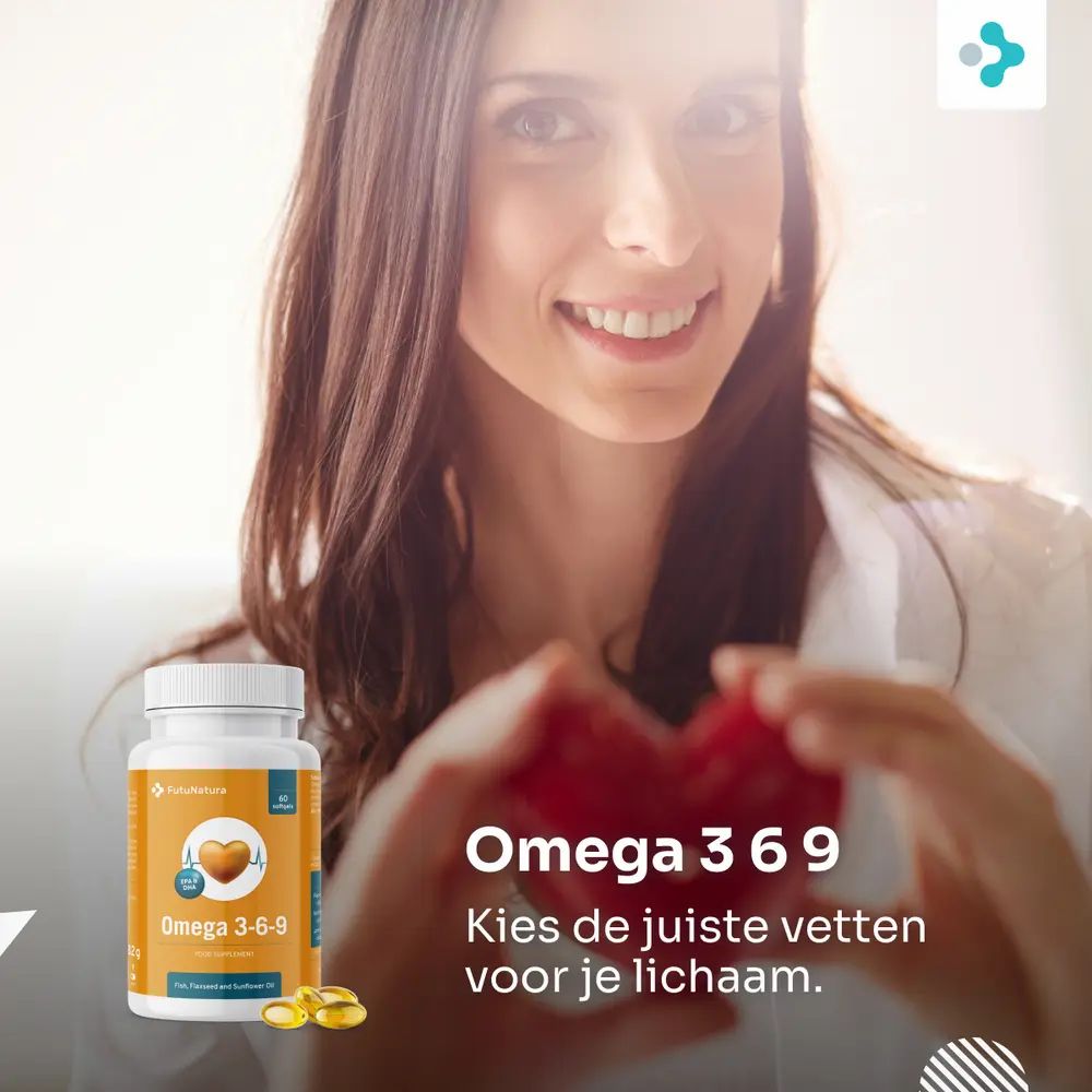 Vrouw houdt hart vast. Fles Omega 3-6-9 ernaast. Opschrift: Omega 3-6-9. Tekst: Kies de juiste vetten voor je lichaam.