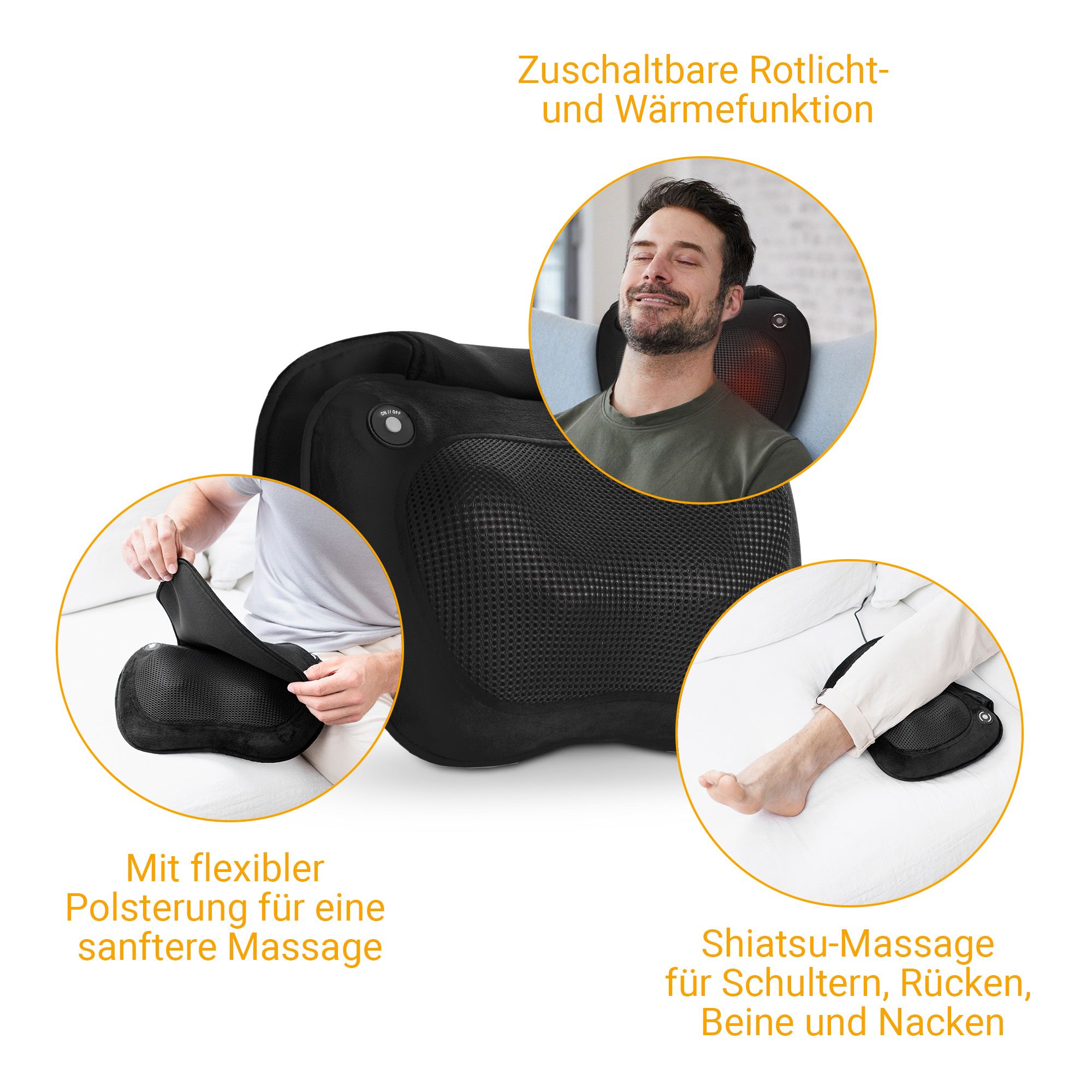 Coussin de massage Shiatsu noir avec fonctions : lumière rouge, chaleur, rembourrage souple, pour cou, dos, jambes.