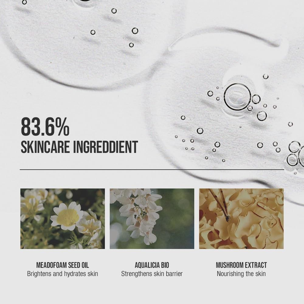 Grafiek met ingrediënten. 83,6% Skincare Ingredient. Illustraties van planten en tekst.