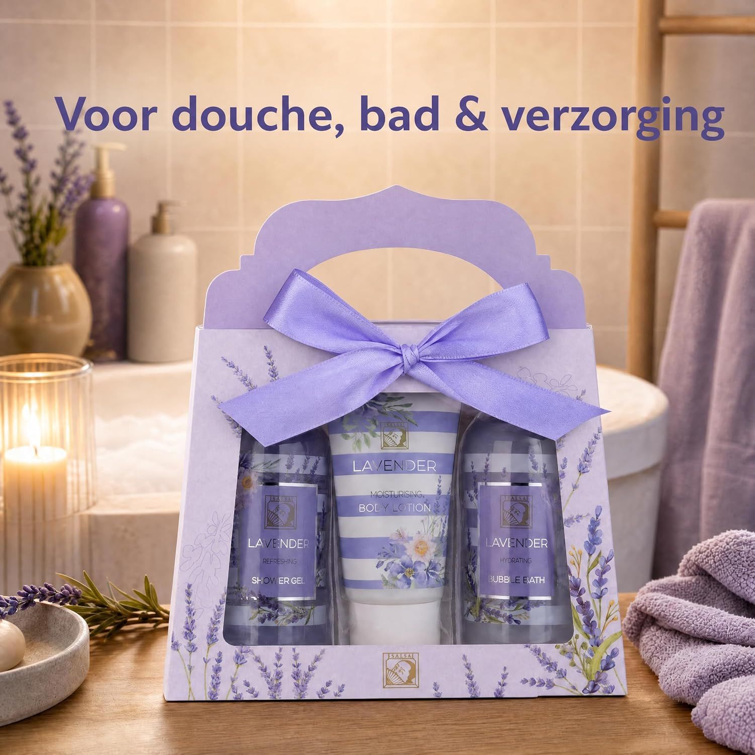 Lavendel geschenkset met douchegel, badzout en bodylotion in geschenkverpakking.