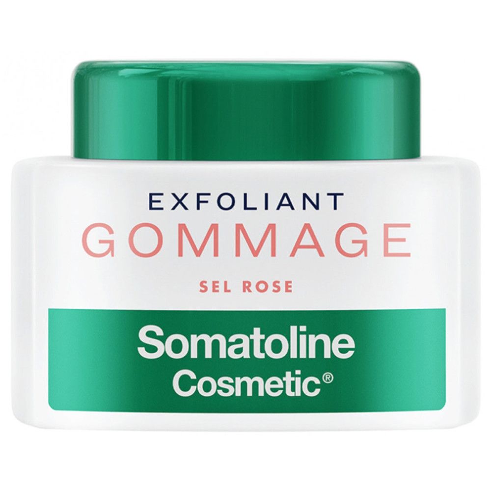 Pot blanc avec couvercle vert. Inscription: EXFOLIANT GOMMAGE SEL ROSE. Marque: Somatoline Cosmetic®.