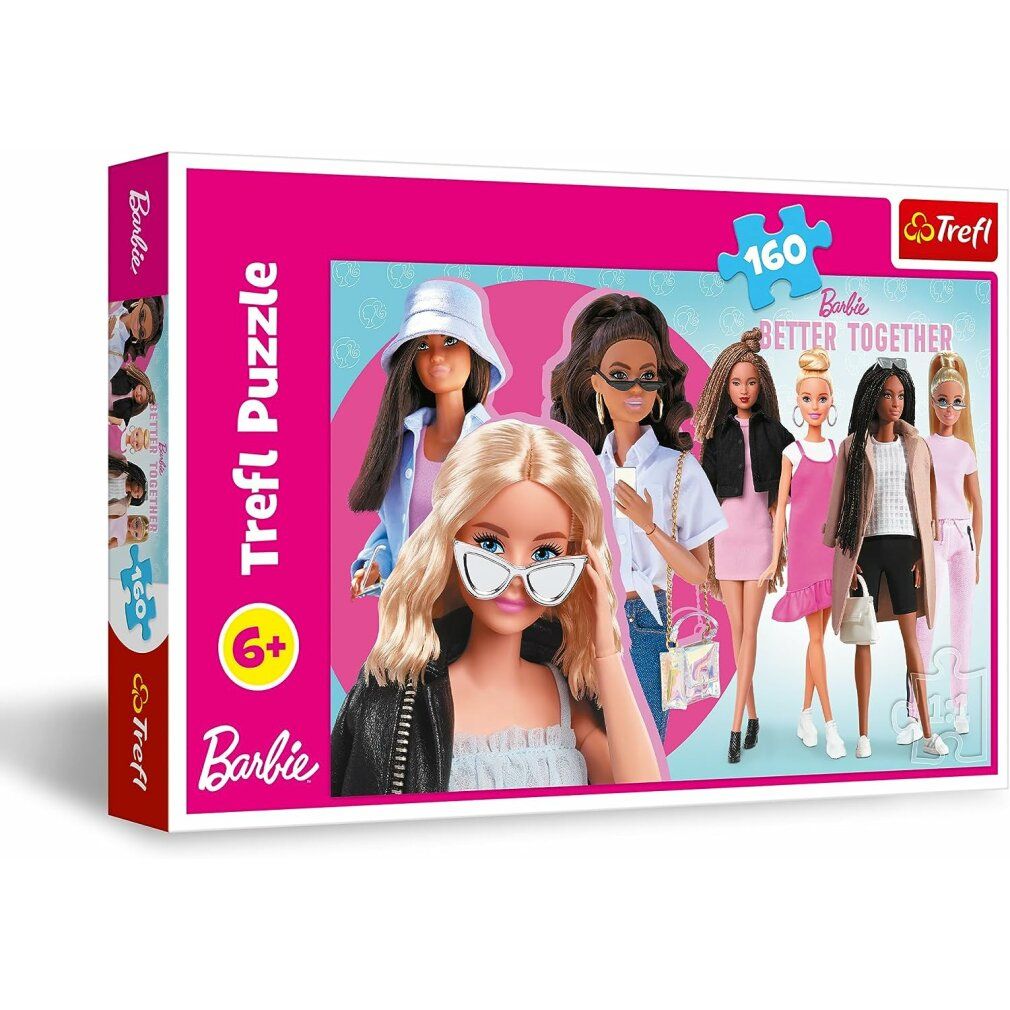 Trefl Puzzel Barbie, 160 stukjes. Verpakking met Barbie-motief. Zes Barbie-poppen. Aanbevolen leeftijd 6+. Logo Trefl en Barbie.