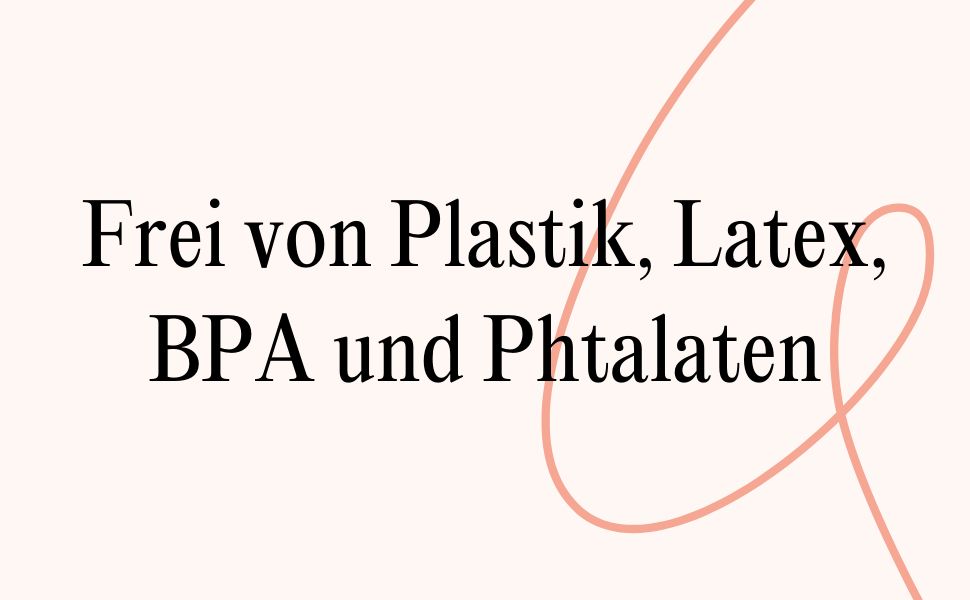 Tekst op roze achtergrond: Vrij van plastic, latex, BPA en ftalaten. Roze gebogen lijn.