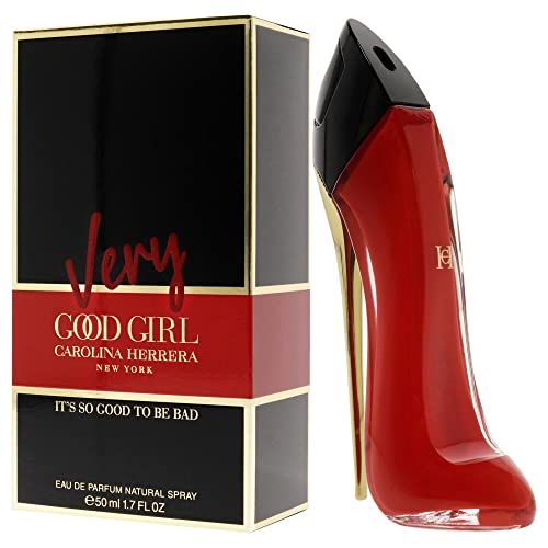 Parfum féminin rouge en forme de talon aiguille à côté d'une boîte cadeau noire et rouge avec texte.
