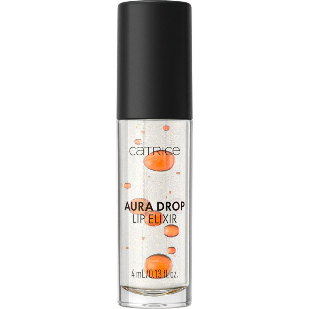 Catrice Aura Drop Lip Elixir. Transparante fles met oranje druppels. Zwarte dop.